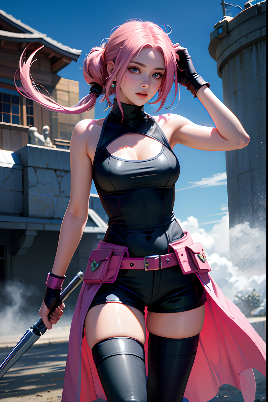 Purple eyes, pink hair, skirt, thigh high,