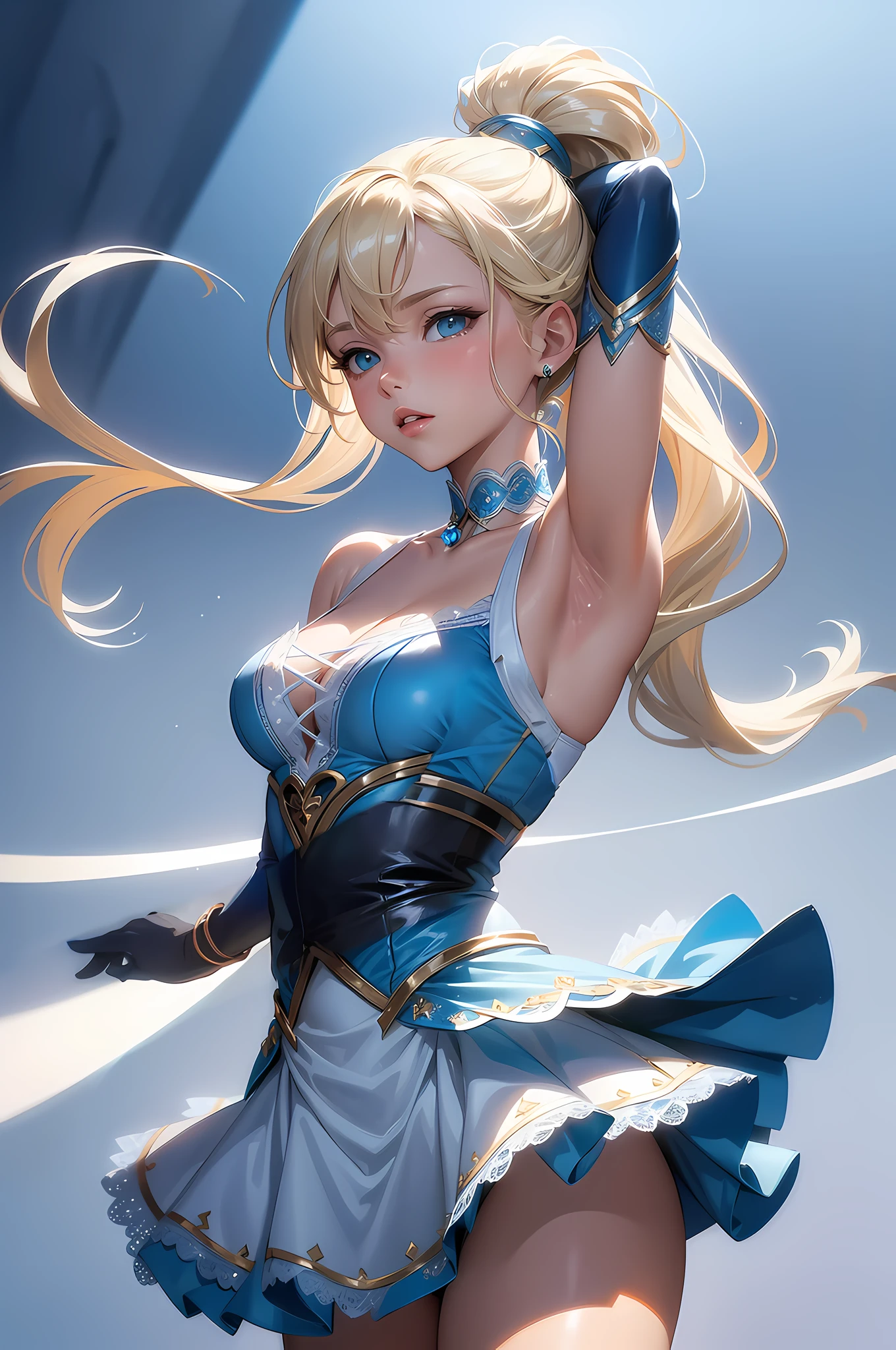 Blonde、ponytail、long hair、Russian beauties、Pale blue eyes、Idol、Color: Blue、dance、Fluffy skirt