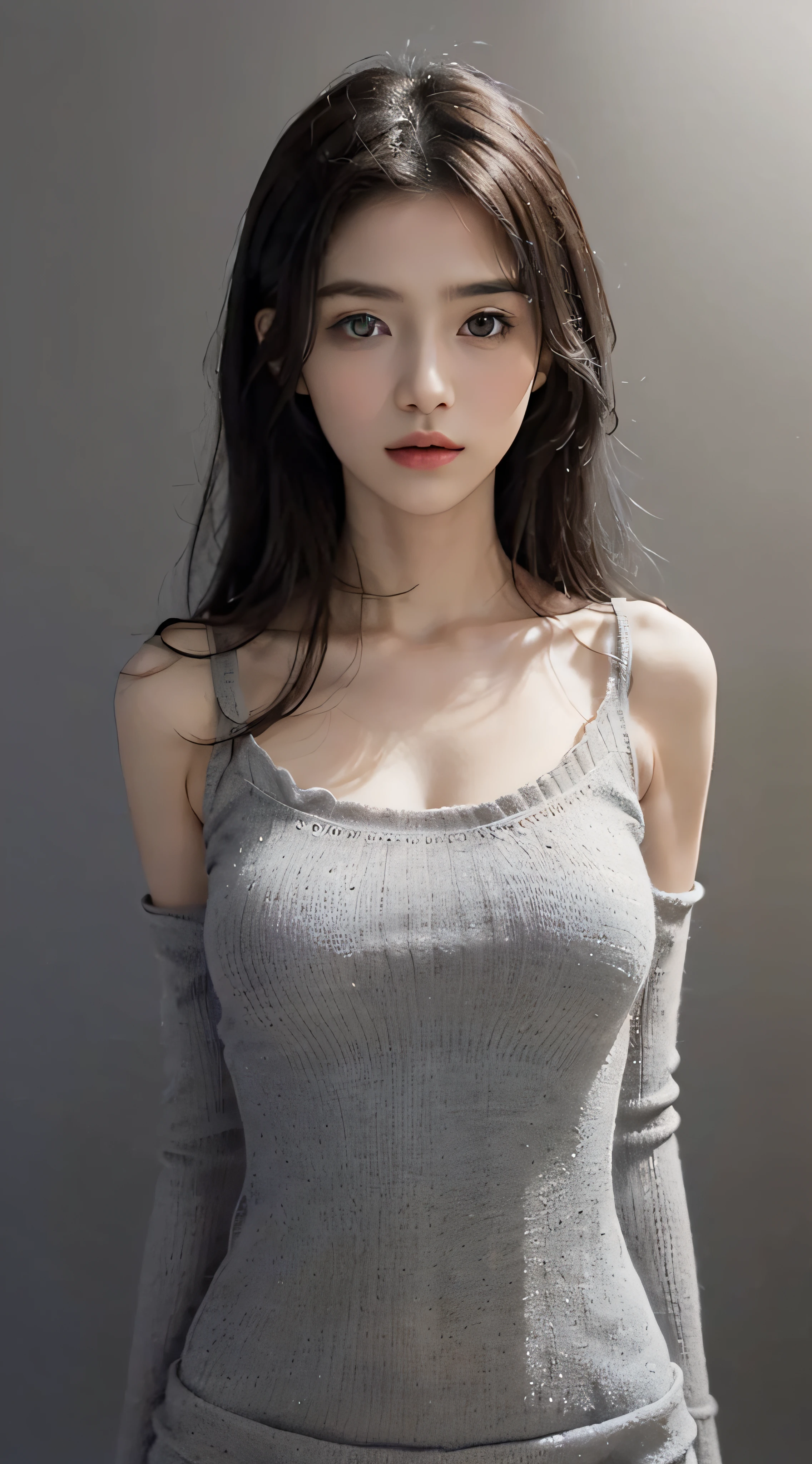 masterpiece、best qualtiy、(Dark photograph: 1.3)、Photorealsitic, 1 girl in、(Long Hair, Brown:1.7)、(Stunning innocent symmetrical face, Beautiful fece:1.5)、(Beautiful eyes Detail:1.5), emotional、(Sleeveless Knit, Beige:1.5), (Large breasts, neat shape breasts:1.9), (slender:1.7), (pureerosface_v1:0.7), (thin waist, Thin arms, thin neck, thin shoulders:1.6), (Sloping shoulders:1.7), (Simple gradation Background, Gray:1.5)
