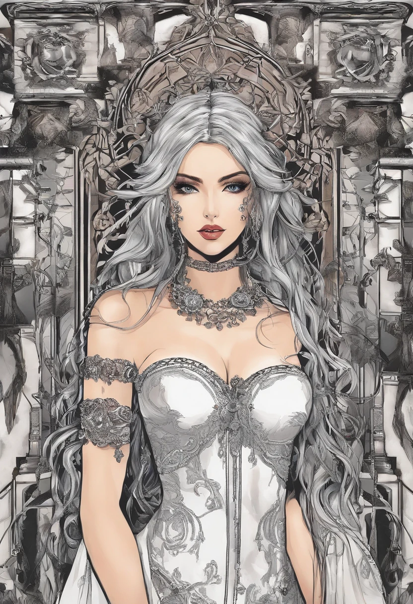 icture of vampire standing in the front of her home holding a (candy bag: 1.2), an exquisite beautiful female vampire in her front door of her home, full body (ultra detailed, Masterpiece, best quality), ultra detailed face (ultra detailed, Masterpiece, best quality), grey skin: 1.3 , blond hair, hair in a ponytail, long hair, blue eyes, cold eyes, glowing eyes, intense eyes, smile with [drops of blood on face] (ultra detailed, Masterpiece, best quality), dark red lips, [vampire fangs], wearing white dress (ultra detailed, Masterpiece, best quality), dark blue cloak, high heeled boots in front of her home, (holding a candy bag: 1.4), high details, best quality, 16k, [ultra detailed], masterpiece, best quality, (ultra detailed), full body, ultra wide shot, photorealism, luis royo style, dark fantasy art, moon light coming through the window, moon rays, gothic art, sense of dread, sense of seduction,