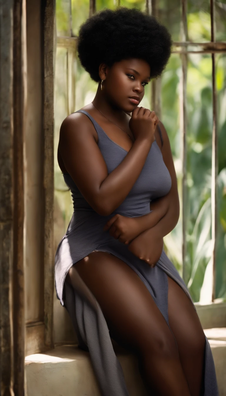 naughty 40 yo black woman maid nude showing pussy short silver buzz cut tomboy curly afro hoop earrings glasses white silk sheer robe