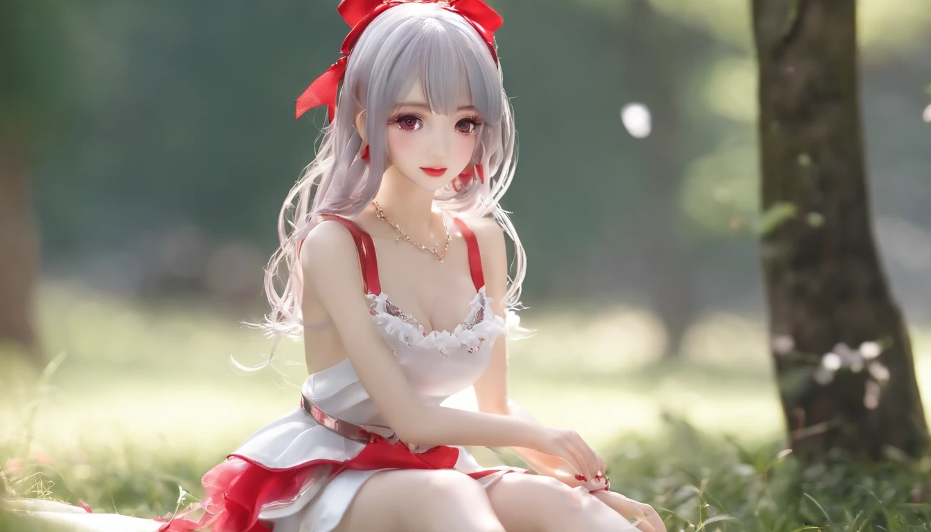 top-quality、​masterpiece、ultra res、colourfull、extra detailed face、extremely detailed eye、Highly detailed high heel pumps、(1girl in:1.1)、(15 years old very cute very adorable baby face beautiful girl:1.1)、(Purple eyes:1.1)、Small-eyed nose、bright silver hair、Bangs grated so much that they fall on the upper eyelid、The back hair is twin tails that reach to the waist、Silky hair、Very beautiful hair、Don't wear a hood on your head、(Petite and delicate:1.1)、(Very beautifully shaped with a fairly large F cup bust size:1.1)、thin-waist、(A little big butt with a very beautiful shape:1.1)、Plump thighs、(slender and very beautiful legs:1.1)、Whitening Skin、Bare legged、(camisole+Deep green front center+White sides and back+Red border+Thin white shoulder straps+cleavage of the breast+Soft fabric、micromini skirt+Bleats+red+Very short skirt length+a large yellow ribbon behind the waist,+White ruffles、High Heel Pumps+red+Very high heel+pin heels+Red strap at ankle:1.3)、no brassiere、Bare legged、(Cape cloak+Light pink color+shorter than the waist+Front open+tender+White ruffles:1.1)、Silver Cross Earrings、Choker decorated with purple crystal、Silver thin anklet at right ankle、Thin silver bracelets on both wrists、Anklet and bracelet have the same design、Positive image、Full body like、In the darkness、illuminated by the moonlight、She is a girl sitting with her hands on the ground and leaning forward to smile at the viewer