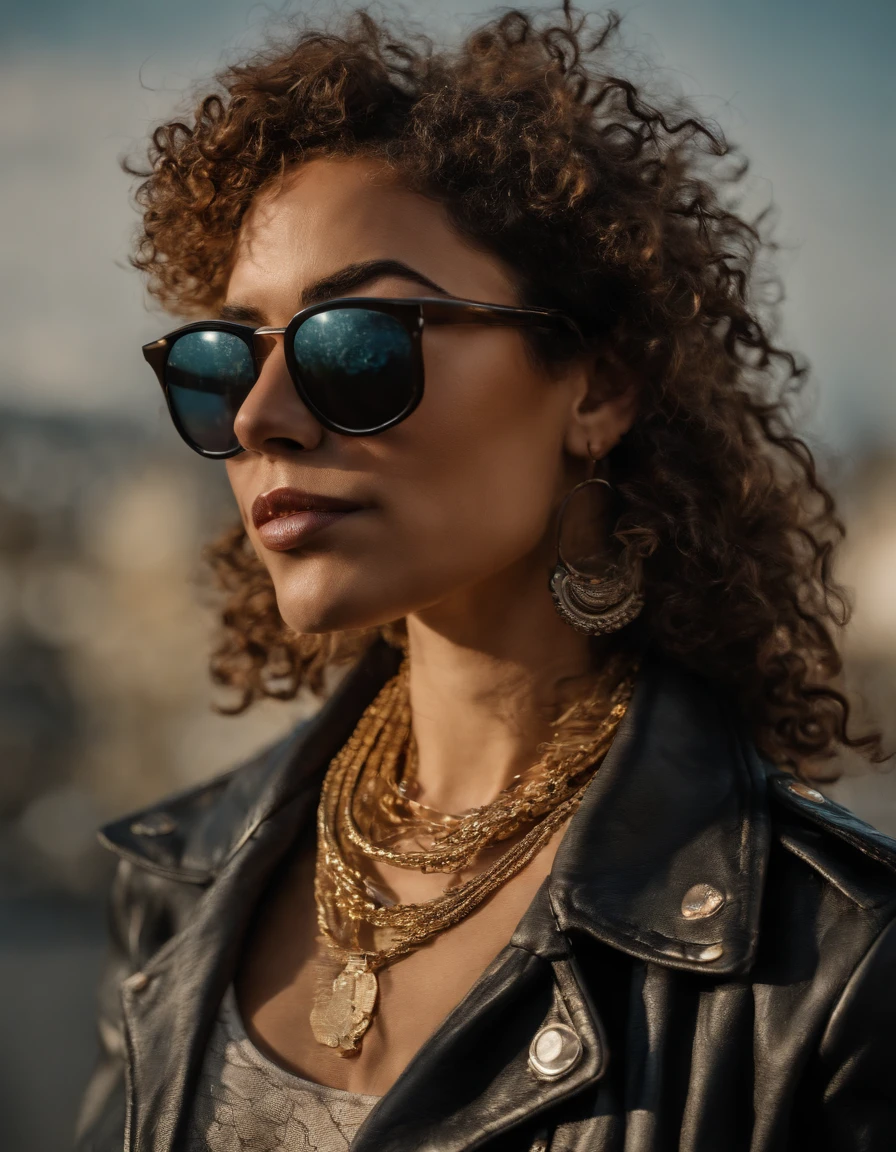 Anthropomorphic, puppy, noble breed, curly hair, colored sunglasses, big gold necklace, punk leather jacket, DJ, rock elements, 80s style