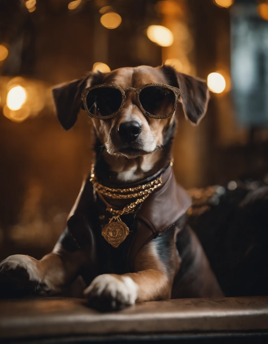 Anthropomorphic, puppy, noble breed, curly hair, colored sunglasses, big gold necklace, punk leather jacket, DJ, rock elements, 80s style