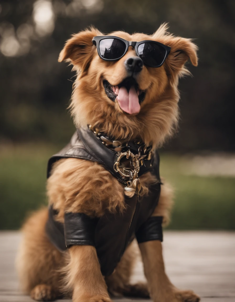Anthropomorphic, puppy, noble breed, curly hair, colored sunglasses, big gold necklace, punk leather jacket, DJ, rock elements, 80s style