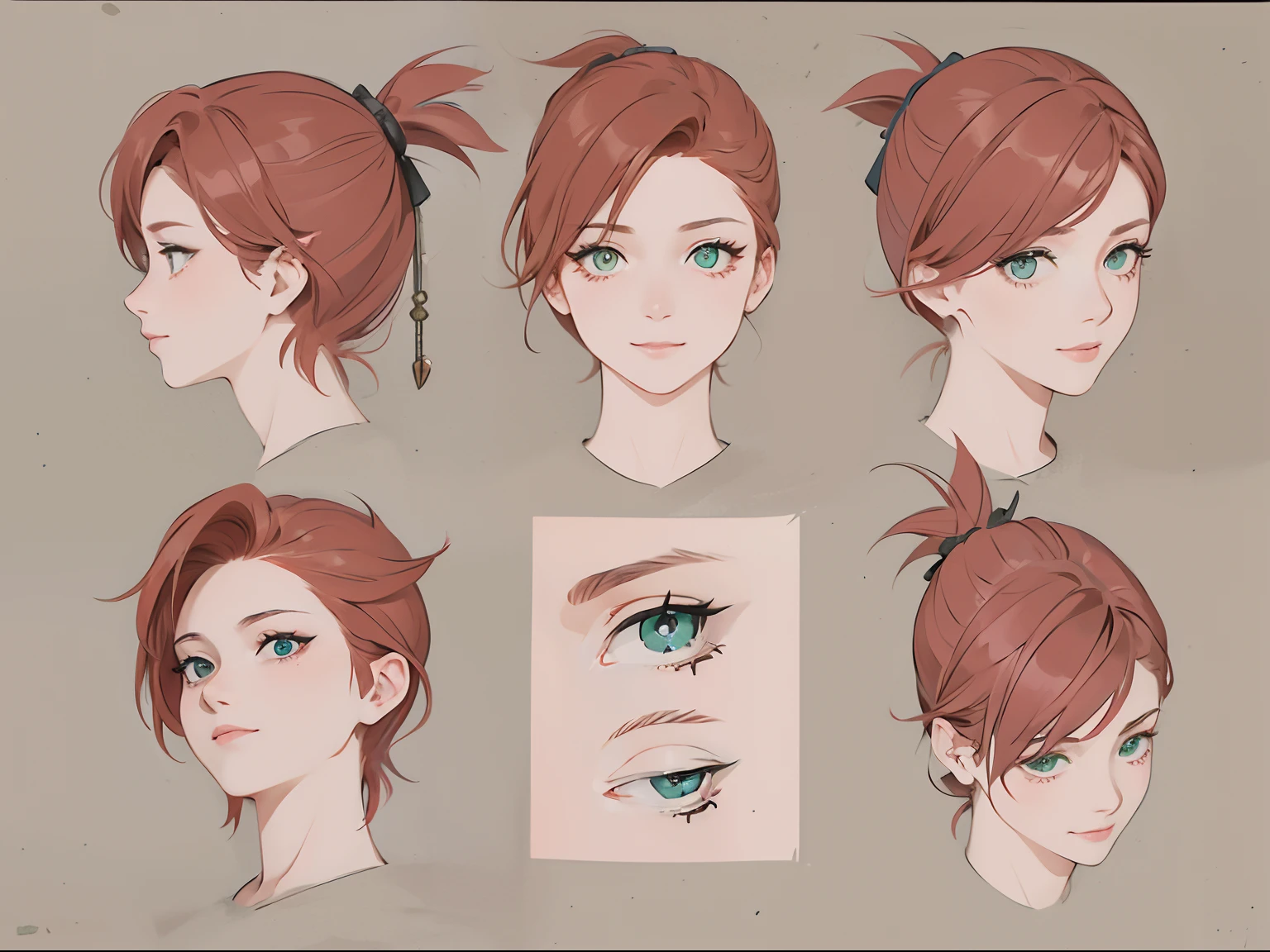 red hair, eye close up, character sheet, green eyes, tattoo under eyes, same face, different angle face, same character, same hairstyle, gentle expression, smiling, easy going, cinematic lighting
