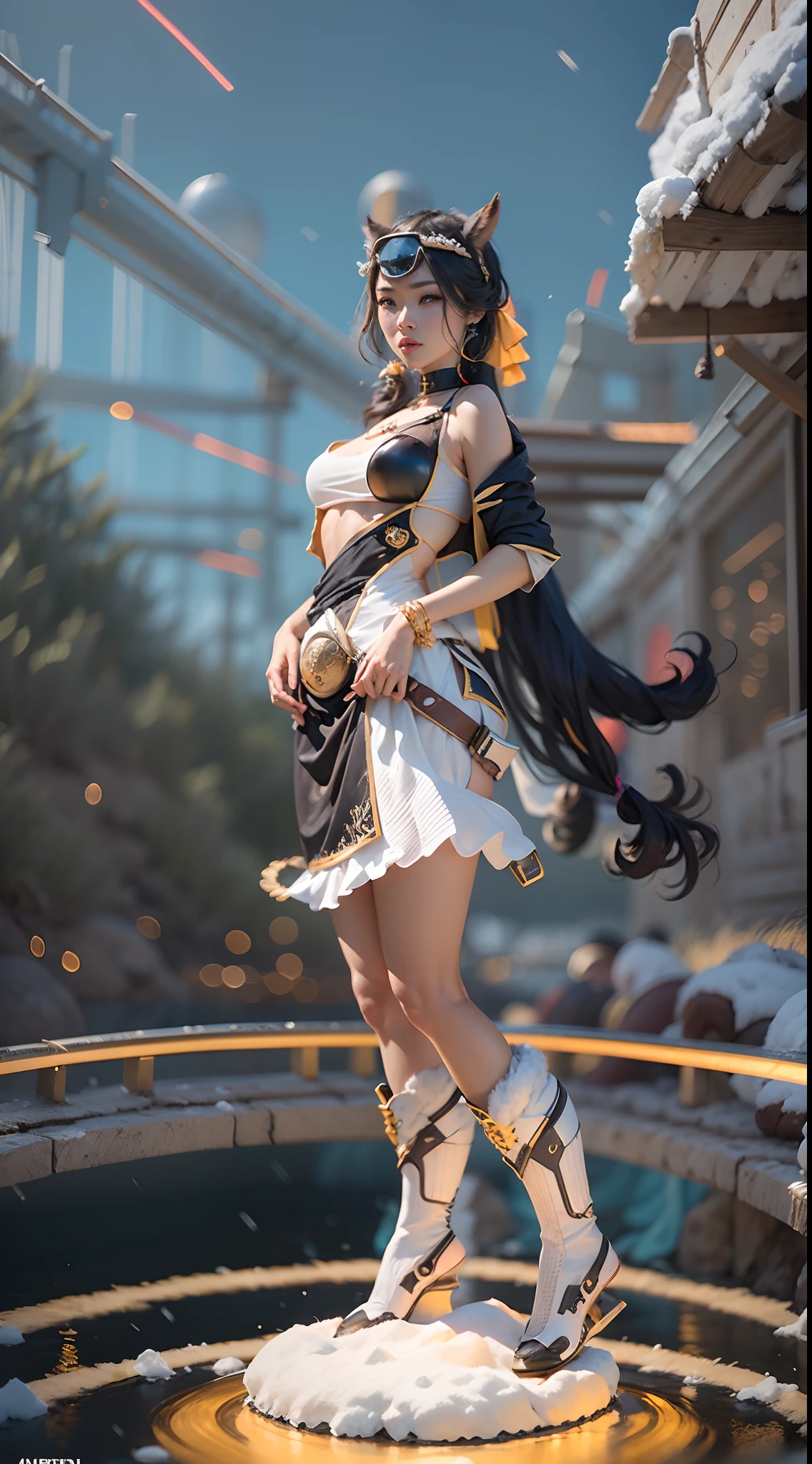 In a very grand scene,The extra-large wide-angle lens captures the appearance of a female centaur。She is tall,It has the ultimate curvy beauty,The muscles are slender and firm,Beautiful lines。Her facial features are tough and coquettish,Always with a sunny smile。She wears special tight-fitting equipment with a strong sense of technology,Step on multifunctional off-road style heels,Delicate and practical protective gear is worn on the hands, feet, wrists, neck and shoulders。The detection equipment around you flashes various cue lights and neon-like information screens,Let her exude a charming brilliance。Use Midjourney's advanced tools,Design special tight-fitting equipment for female centaurs,Highlight her unique physiological characteristics and appearance details,Add realism。And in her adventure scene,Spectacular views of nature,Such as the sky where storms and sunny days alternate、Brilliant rivers of stars and auroras、The snow-capped summit of Mount Everest、Fireworks in the mountain town, etc。ao mesmo tempo,Away from the hustle and bustle of Long Beach Pier is a neon-lit spaceship docked,Create a fantastic scene。Use Midjourney's advanced tools and multiple color palettes、Brush Strokes、Texture tools and model packages,It shows a sense of atmosphere where beauty and charm coexist。The charm of the female centaur is highlighted through color and lines,Enhance realism with detailing,Create a surreal dreamy feeling。Additionally,Use Midjourney's tools to add a variety of extreme sports gear and cultural trinkets to the female centaur,Create intricate hairstyles and outfits,Give her a sense of premium。She never flinches,Regardless of the terrain,can respond quickly,Even the extreme geography and dangerous terrain of aliens cannot stop her。Use Midjourney's powerful tools,You can do it with incredible detail and beauty,Bring this ultra-grand and beautiful scene to life。Ultra-grand scenes,super wide shot, hdr,(真实感,Masterpiece quality,best qualtiy),
