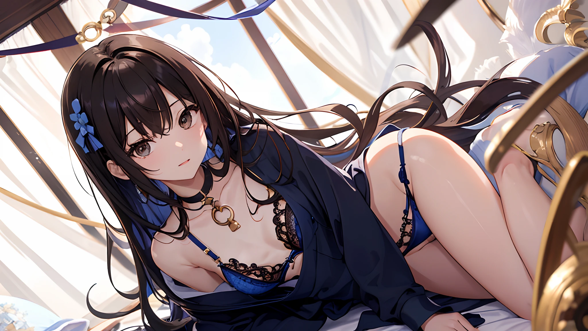 8K, Best Quality, real picture, Intricate details, Ultra-detailed, 超A high resolution, Depth Field,(Photorealsitic:1.4),masutepiece, straight-on shot , 1 Japan Woman, Very beautiful 20 year old girl, Innocent big eyes、(Sky blue bra:1.4)、(Sky blue panties:1.4)、(tiny chest:1.4)、large round eyes, (Brown Long Hair), (dark brown eyes:1.0),well-groomed hair,perfect glossy skin, flawless skin, Fair skin, tiny chest、condoms、Narrow waist, Light blush, Solo, Looking at Viewer,