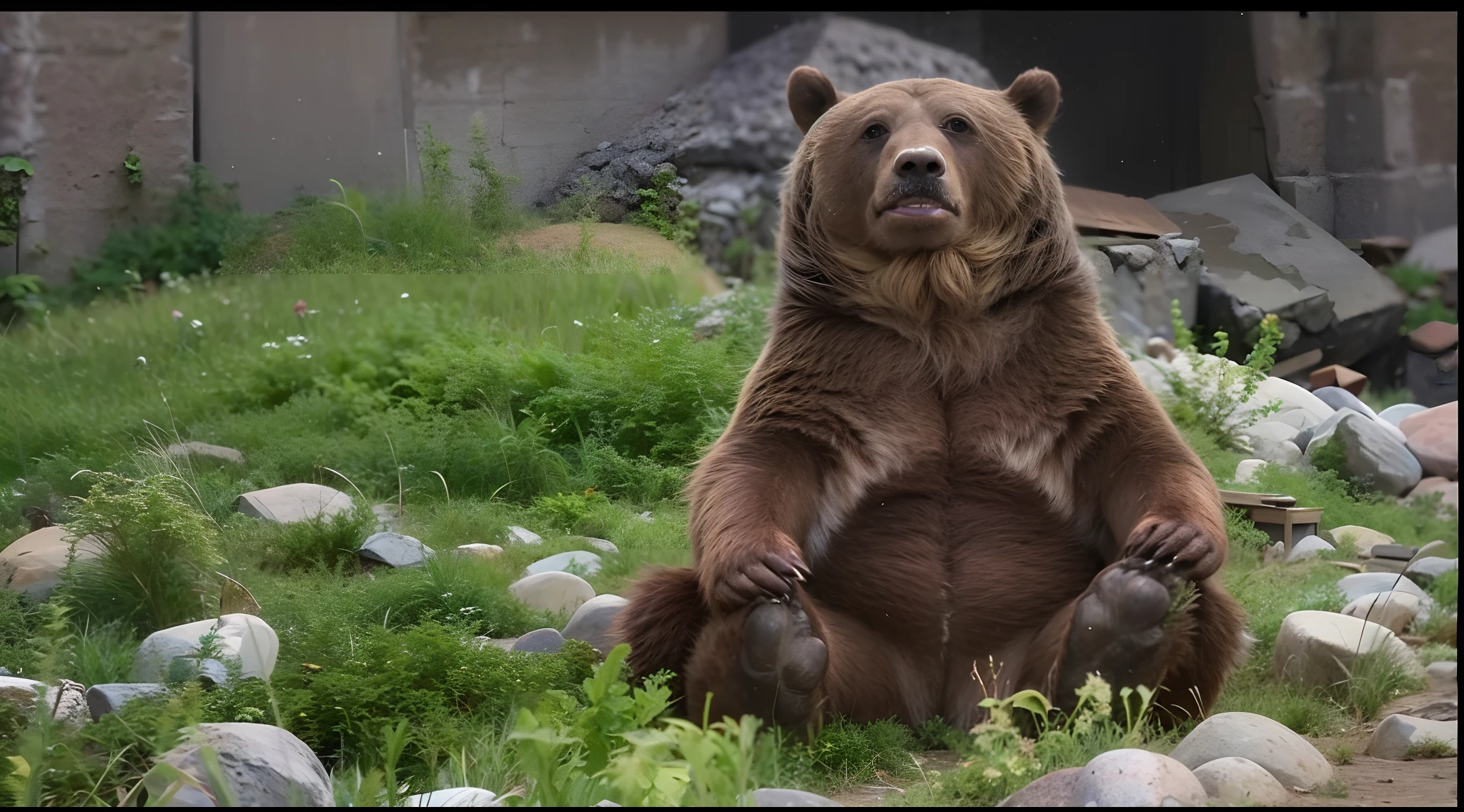 there is a brown bear sitting on its back in the grass, giant bear human hybrid, grizzly, half grizzly bear, bear legs, stoic pose, doing a majestic pose, sitting cross-legged, brown bear, doing a hot majestic pose, sitting down casually, bear, grizzly bear riding a horse, symmetrical pose, happy wise. he has bouncy belly, bears