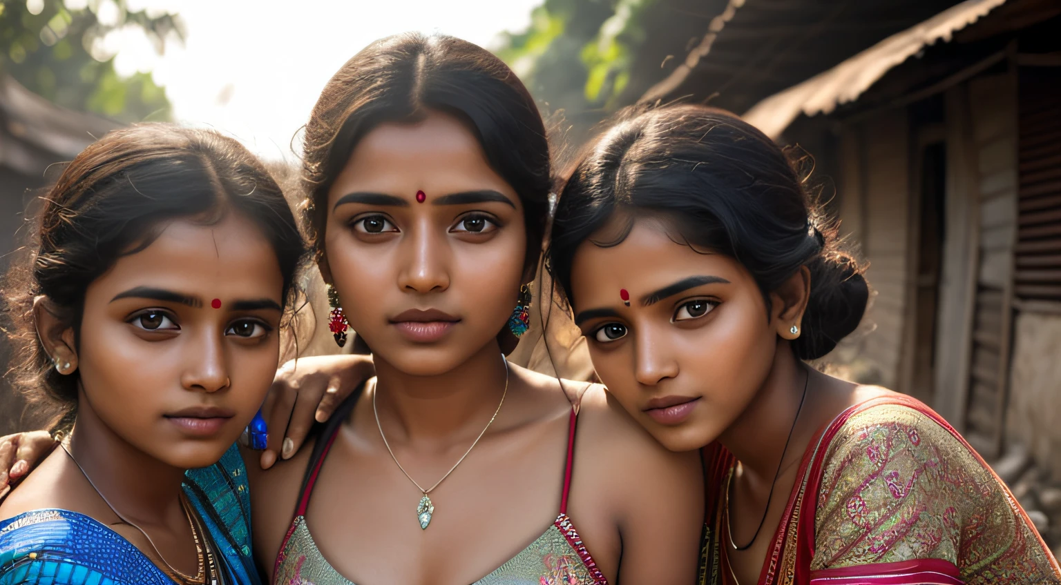 young Indian girl and her family photo  1 father , 1 mother, 1 brother , 1 sister, retro style, ugly dress, poor girl surrounded by people ,  gentle sun lighting on face , firm boobs,  wearing low waist saree,  wide background,  full body photo, village , Ugly Slum, , village girl vibe, intricate facial details, full body picture,pose flawless complexion, top-notch 3D rendering, hyper-realistic, shot on Indian road. photorealistic digital art trending on Artstation 8k HD high definition detailed realistic, detailed, skin texture, hyper detailed, realistic skin high resolution, detailed, raw photo, 400 camera f1.6 lens rich colors hyper realistic lifelike texture