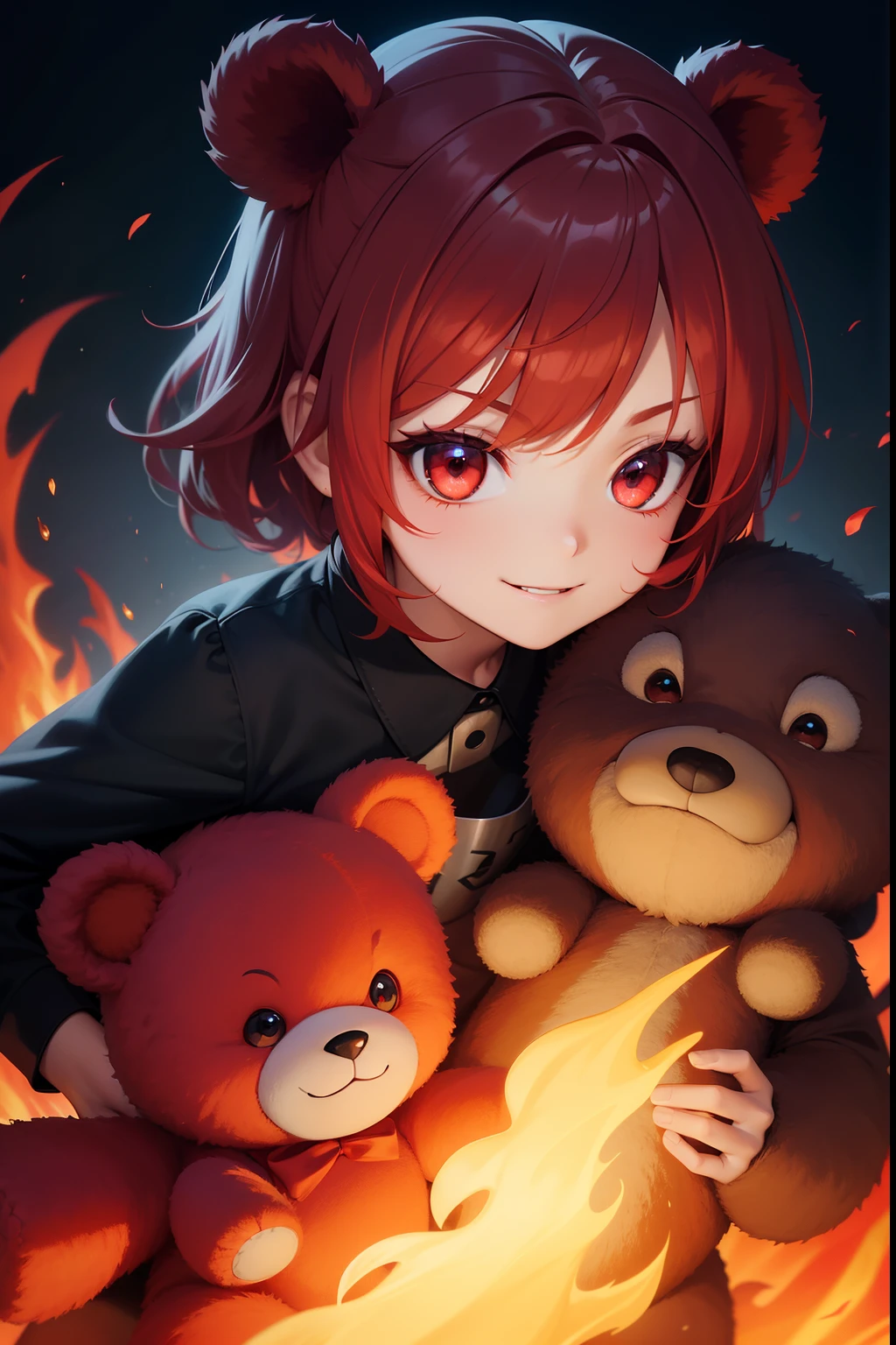 ??? playing with teddy bear, red hair, demon kids, teddy bear on fire, evil expression, dark eye shadow, smiling evilly, eye shadow, red shirt