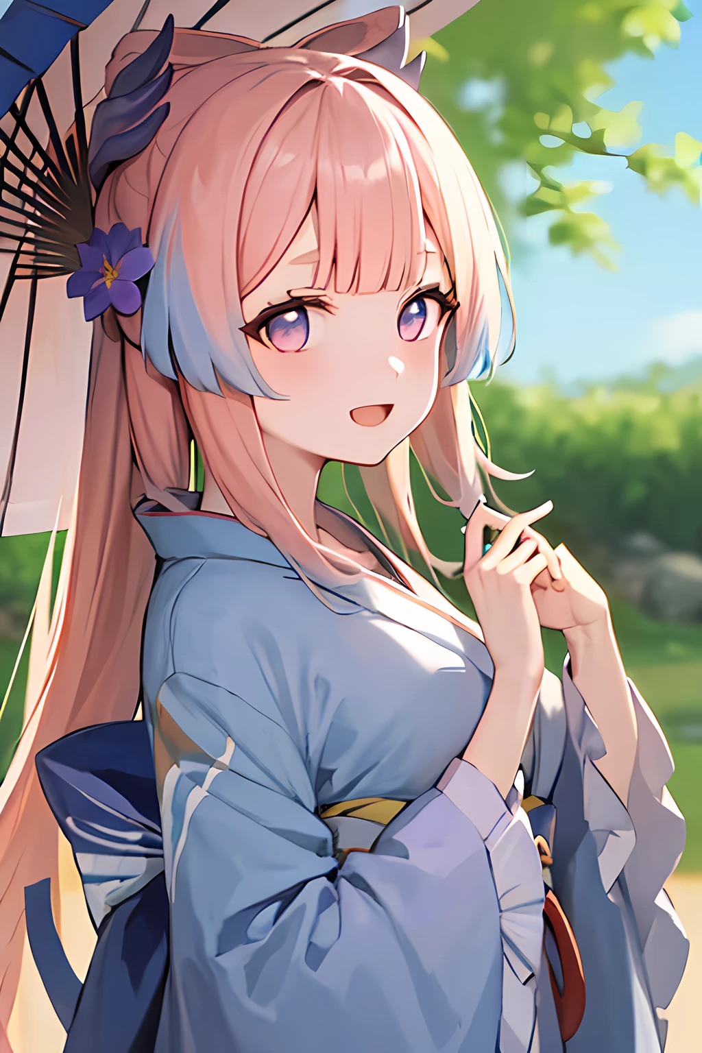 (Realistic painting style:0.9), masterpiece, best quality,  absurdres, looking at viewer, solo,sangonomiya kokomi, no pupils, 1girl, japanese clothes, umbrella, kimono, hair ornament, solo, pink hair, smile, looking at viewer, bow-shaped hair, flower, long hair, bangs, wide sleeves, multicolored hair, frilled sleeves, holding, hair flower, sash, open mouth, floral print, obi, long sleeves, blue eyes, blunt bangs, new year, upper body, gradient hair, alternate costume, purple eyes, :d, frills, blush, white kimono, blue hair, colored tips, print kimono, medium breasts