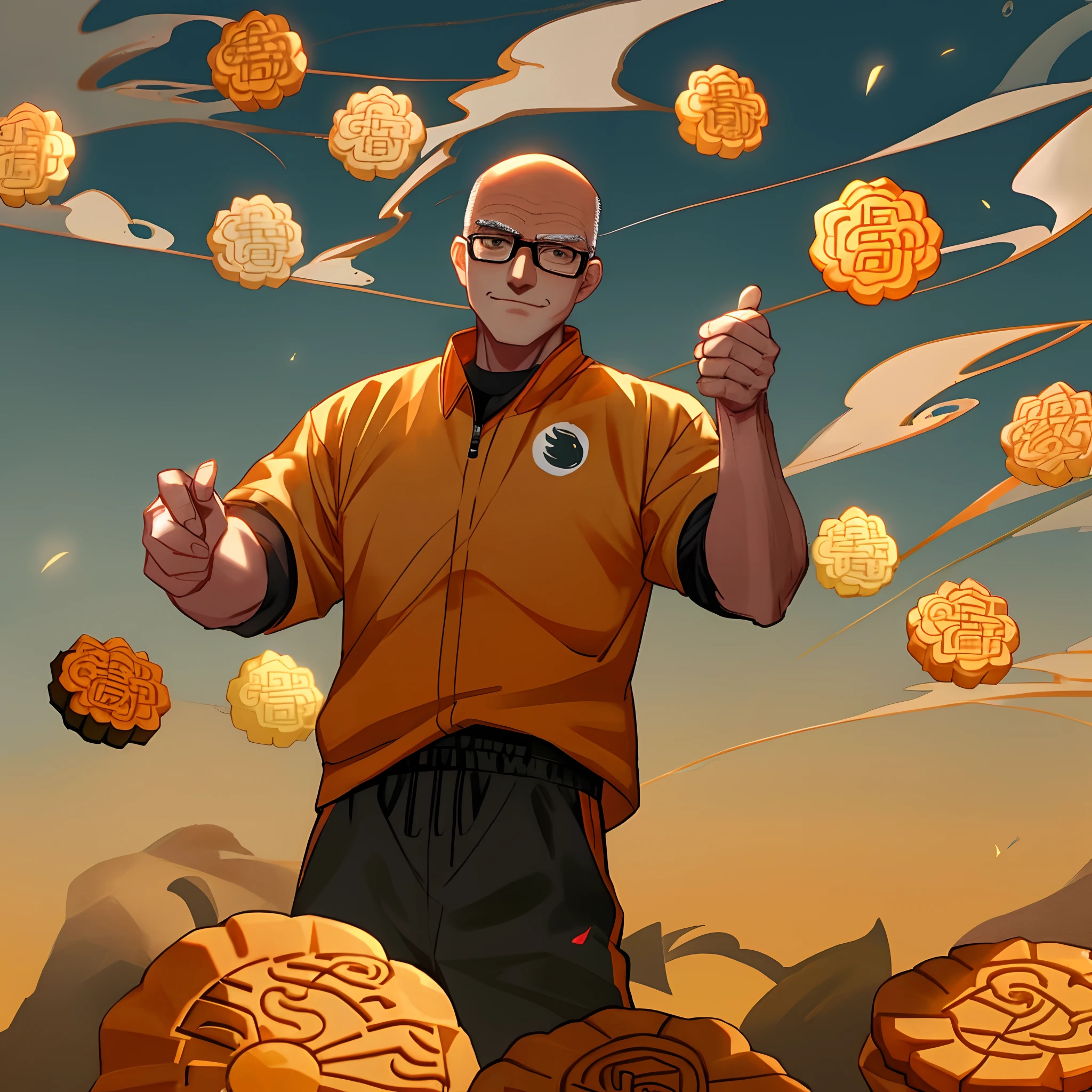 Old old street background，Middle-aged man with less hair in glasses，Wear sportswear，Celebrate the Mid-Autumn Festival，Mooncake in hand