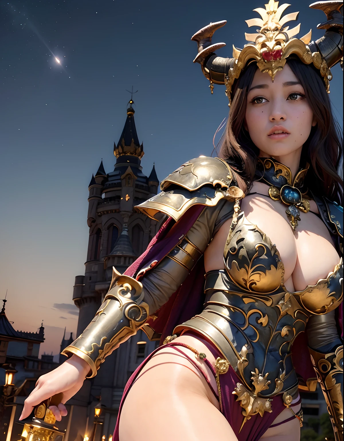 Professional , masterpiece、top-quality、photos realistic , depth of fields 、(Dragon Blue Metal Body:1.3),(Enamel purple、Black world、Night World、a moon、(cleavage of the breast)、Mystical expression、Dragon Gold Weapon、(Red Micro Bikini Armor:1.2),Gorgeous gold weapons ,Particles of light、(( Dragon's dense and gorgeous sword)) , (demonic wings)、((a blond))、(Castle background)、((Gangle's forest background))、((Fight dragons))、Beautiful Caucasian beauty、1a person、dynamic ungle,(((Detailed and ornate dragon helmet)))、Smaller head、A smile、Castle background、Thin and beautiful female hands、cleavage of the breast、Soldier in iron armor on background、Mystical expression、Light Effects、intense fighting、Wind-effect、magic circles、With the legendary magic wand、Dragon's tail、explosions、Anatomically correct body、