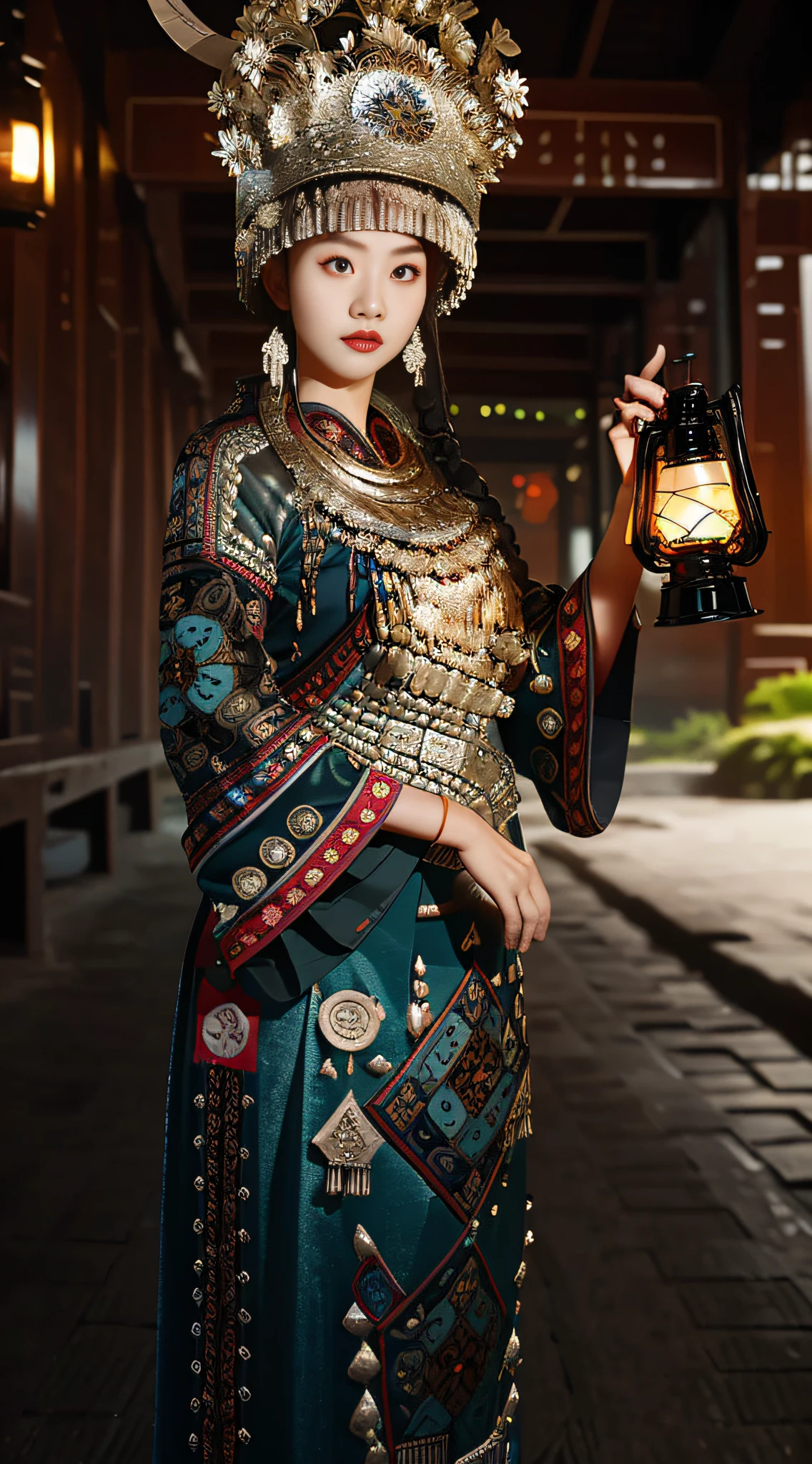 A Hmong，a beauty girl，are standing，Tall and tall，Big eyes melon seed face，Pretty and charming，Peugeot facial features