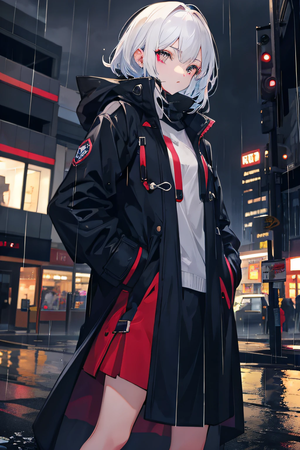 1 girl, night city, rain, coat, hands in pockets