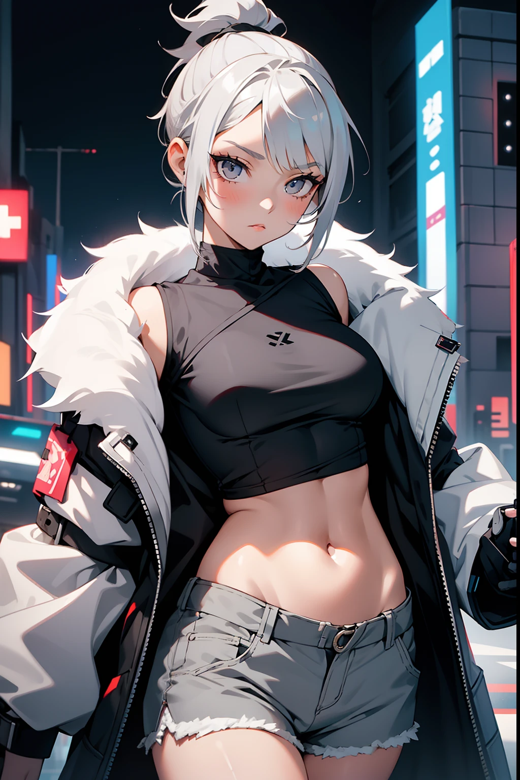 masterpiece, best quality, best quality drawn, (an anime girl in cyberpop jacket), ((brown skin)), white hair, bob-cut, ((messy hair)), golden eyes(tsurime), long and thick eyelashes, melancholy expression, slender body shape, full-length, a large number of zombies have appeared and are being attacked, (((While she is fighting zombies))), (insanely detailed), big breasts(exposed), sexy, tattered clothes, In town, High resolution, beautiful eyes(High resolution), beautiful face(ultra-detailed), key visual, concept art.