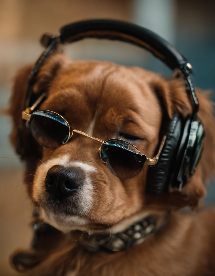 Anthropomorphic, puppy, DJ, rock elements, 80s style,colored glasses, big gold necklace, punk leather jacket,