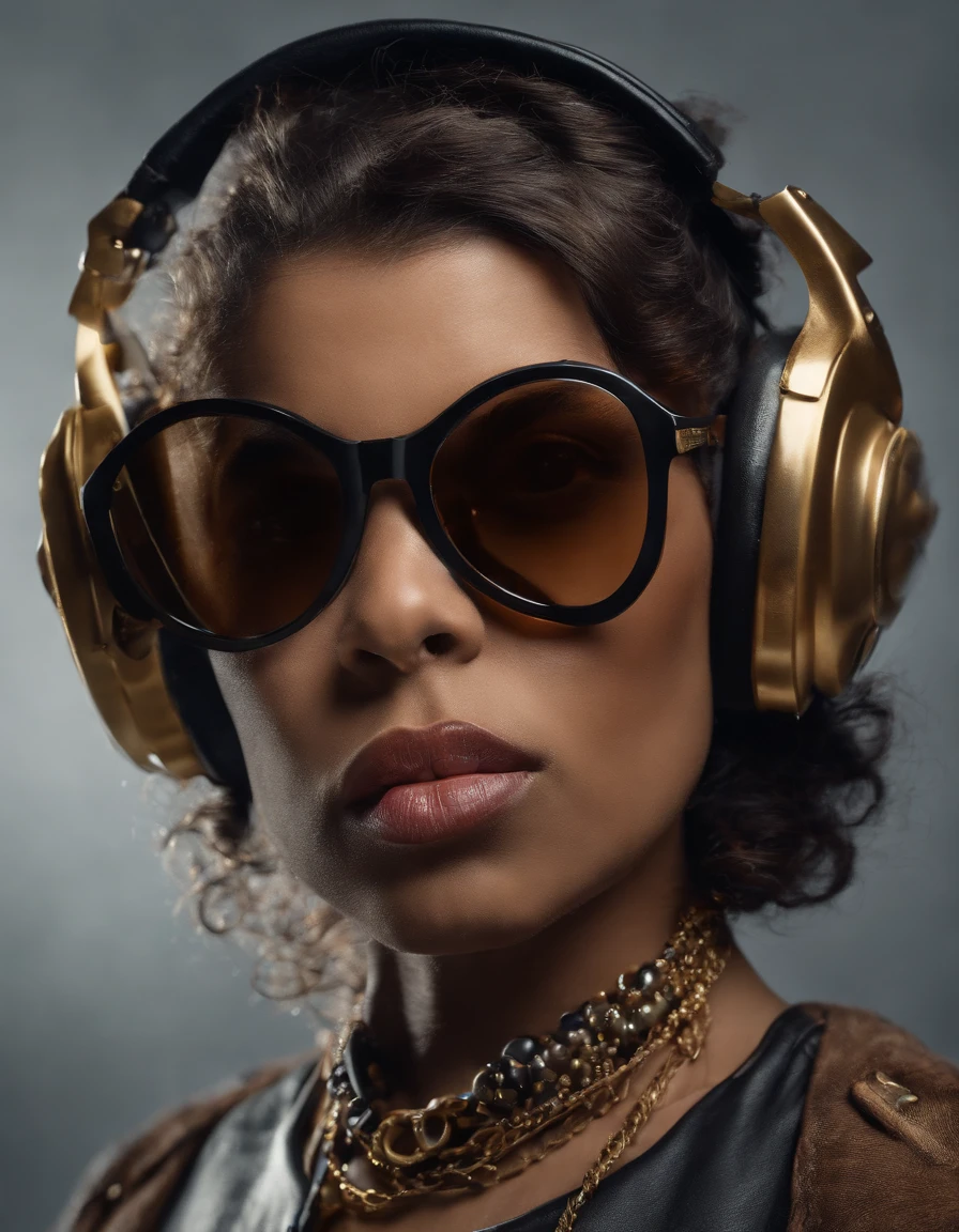 Anthropomorphic, puppy, DJ, rock elements, 80s style,colored glasses, big gold necklace, punk leather jacket,