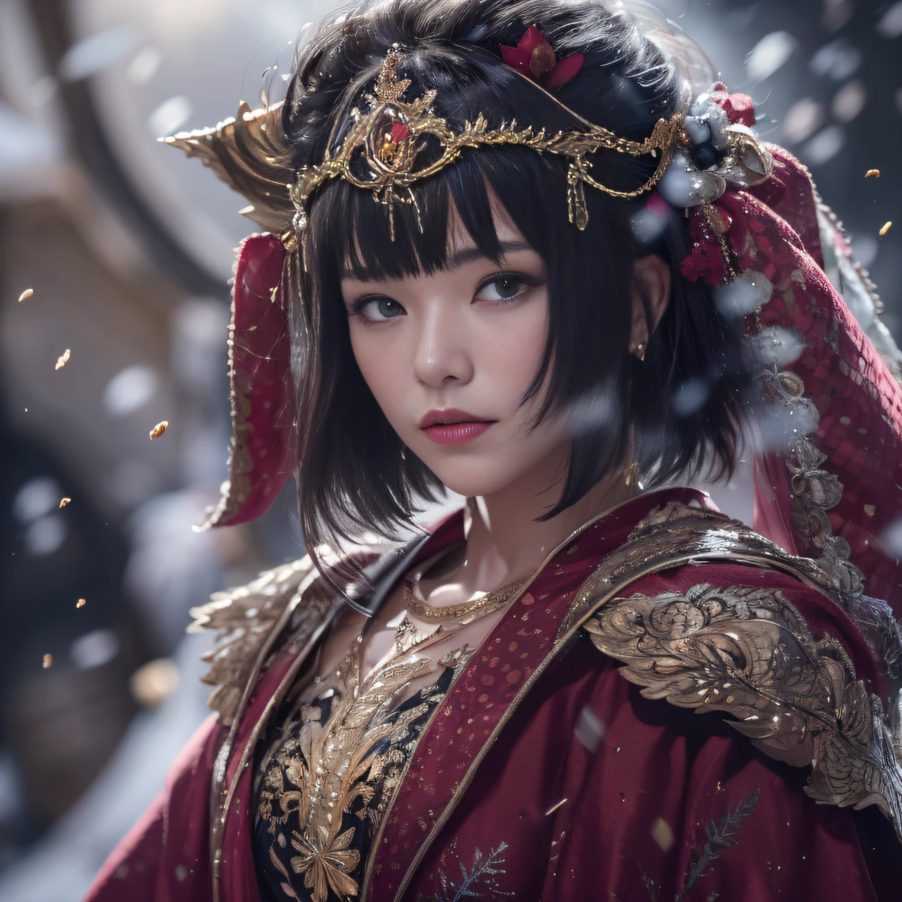 32K gradient glass texture（tmasterpiece，k hd，hyper HD，32K）Short burgundy hair with short flowing hair，Onsen District，Flame Girl ，Yao Lang protector （realisticlying：1.4），Python pattern robe，Black gold tiara，Snowflakes fluttering，The background is pure，Hold your head high，Be proud，The nostrils look at people， A high resolution， the detail， RAW photogr， Sharp Re， Nikon D850 Film Stock Photo by Jefferies Lee 4 Kodak Portra 400 Camera F1.6 shots, Rich colors, ultra-realistic vivid textures, Dramatic lighting, Unreal Engine Art Station Trend, cinestir 800，Hold your head high，Be proud，The nostrils look at people，Short burgundy hair