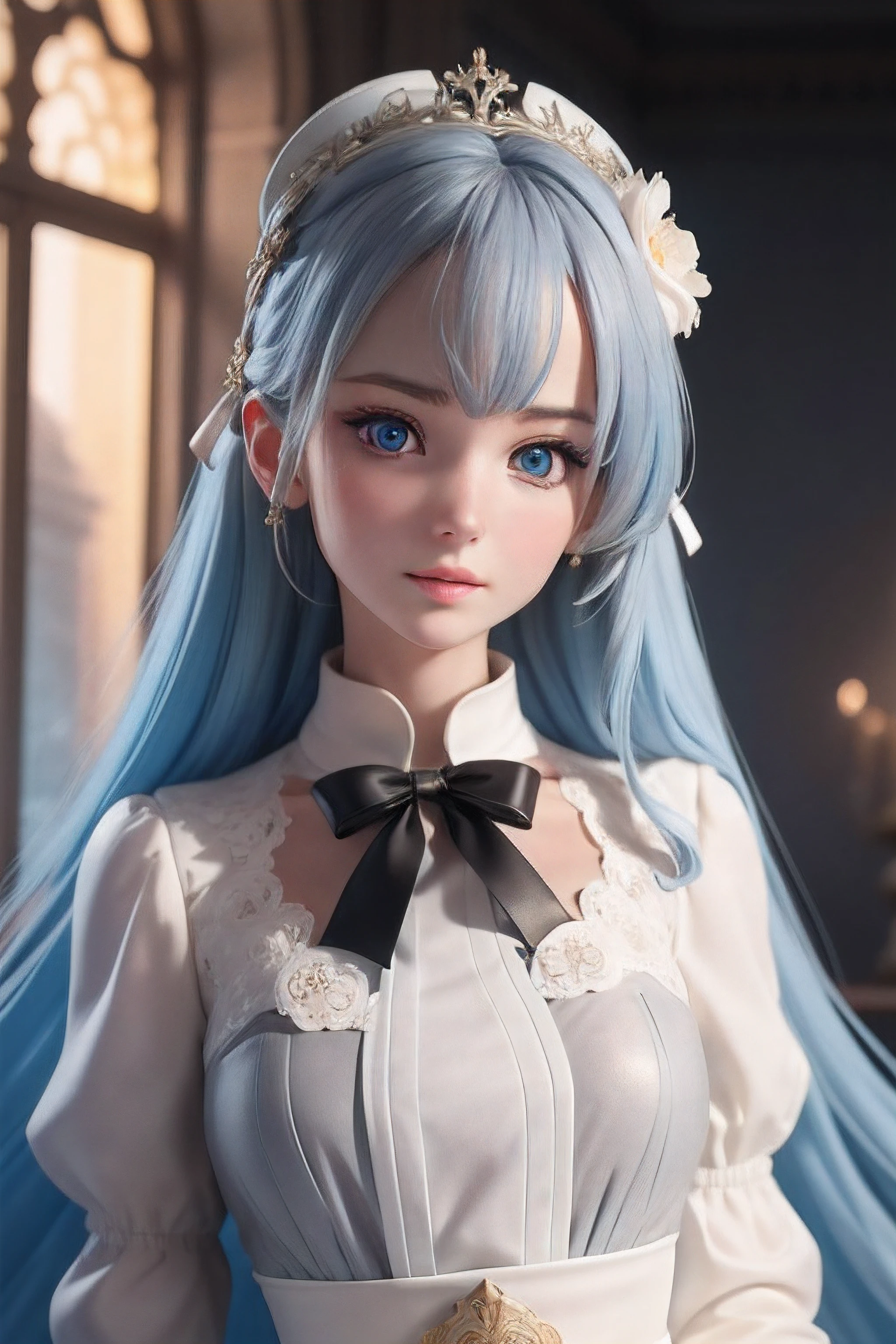Masterpiece, Exquisite, illustration, {Beautiful Meticulous Girl}, Beautiful and detailed halo, (Fire of war: 1.2), (nuclear explosion behind: 1.3), rain, Detailed lighting, detail water, (Beautiful and detailed eyes: 1.1), Expressionless, Palace, Sky blue hair, Scattered hair, Long bangs, Eyebrows, (White-gray dress: 1.1), Black ribbon, white bowties, upper abdominals, big forehead, Dull, flower, Long sleeves