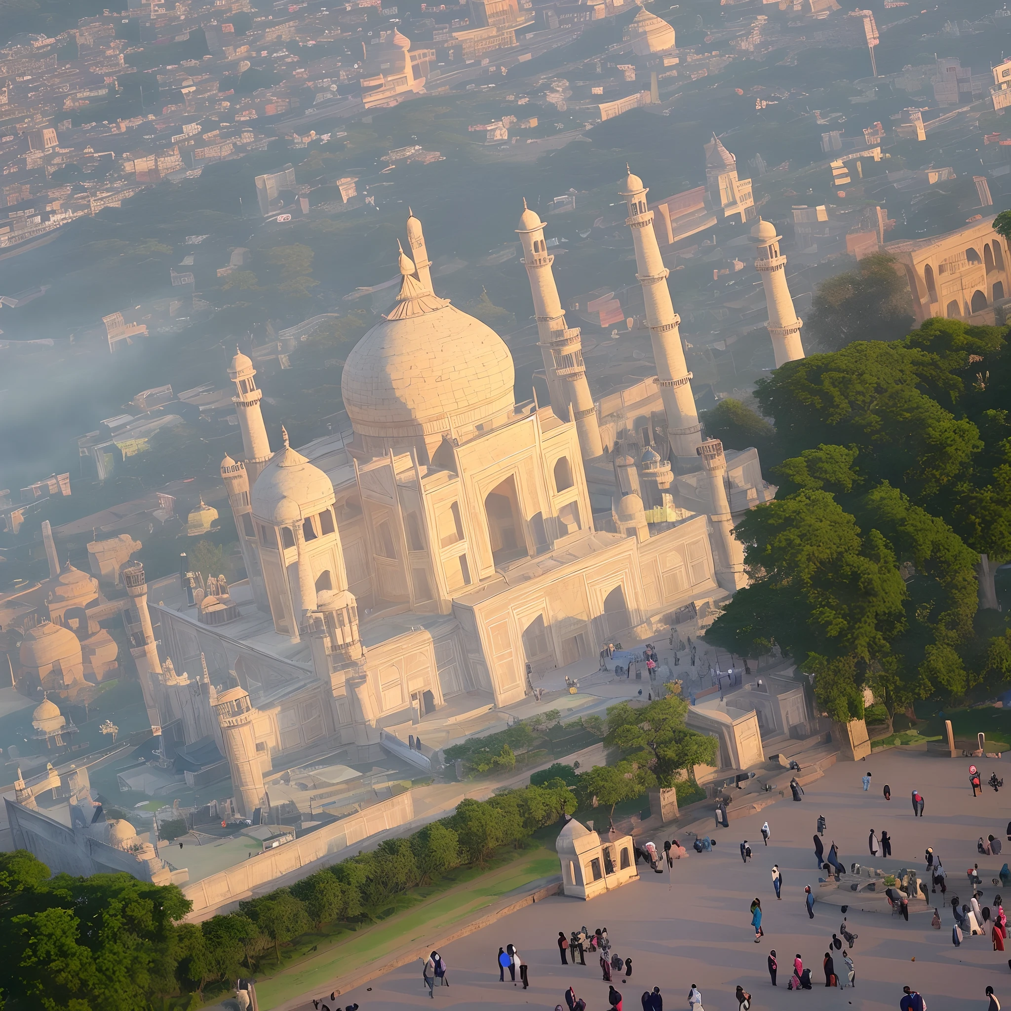 Taj Mahal in middle of town, front photo, gold, people walk, taking selfie,