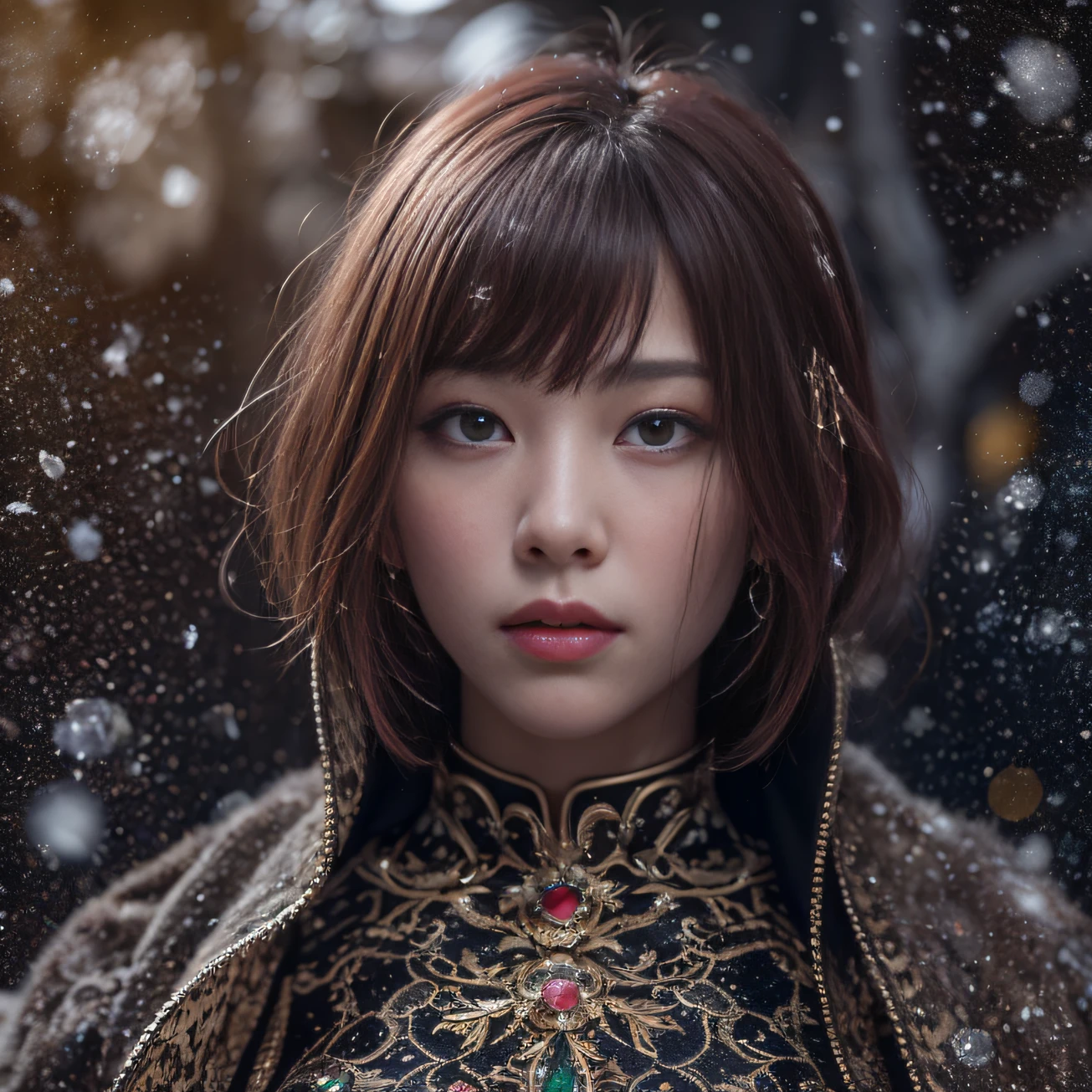 32K gradient glass texture(tmasterpiece,k hd,hyper HD,32K)Short burgundy hair with short flowing hair,Onsen District,Flame Girl ,Yao Lang protector (realisticlying:1.4),Python pattern robe,Black gold tiara,Snowflakes fluttering,The background is pure,Hold your head high,Be proud,The nostrils look at people, A high resolution, the detail, RAW photogr, Sharp Re, Nikon D850 Film Stock Photo by Jefferies Lee 4 Kodak Portra 400 Camera F1.6 shots, Rich colors, ultra-realistic vivid textures, Dramatic lighting, Unreal Engine Art Station Trend, cinestir 800,Hold your head high,Be proud,The nostrils look at people,Short burgundy hair