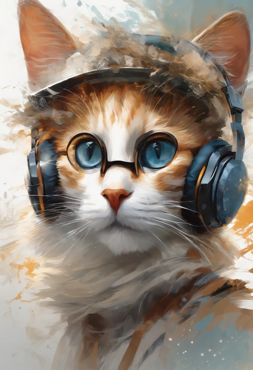 Perfect centering, Cute cat, Wear a student team jacket, Wearing sunglasses, Wearing headphones, cheerfulness, Standing position, Abstract beauty, Centered, Looking at the camera, Facing the camera, nearing perfection, Dynamic, Highly detailed, smooth, Sharp focus, 8K, high definition resolution, illustration, Art by Carne Griffiths and Wadim Kashin, White background