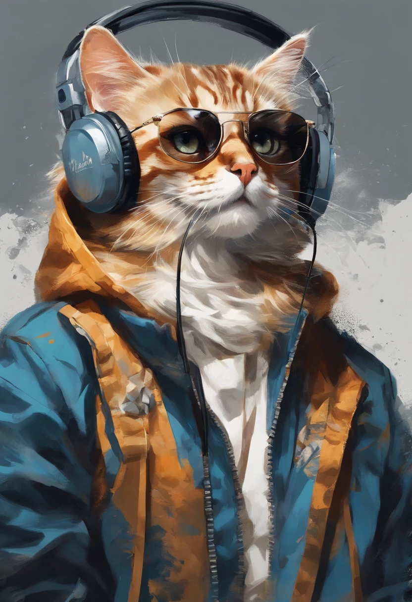 Perfect centering, Cute cat, Wear a student team jacket, Wearing sunglasses, Wearing headphones, cheerfulness, Standing position, Abstract beauty, Centered, Looking at the camera, Facing the camera, nearing perfection, Dynamic, Highly detailed, smooth, Sharp focus, 8K, high definition resolution, illustration, Art by Carne Griffiths and Wadim Kashin, White background