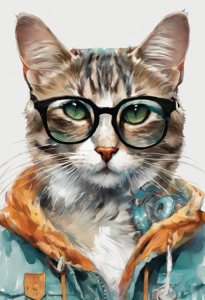 Perfect centering, Cute cat, Wear a student team jacket, Wearing sunglasses, Wearing headphones, cheerfulness, Standing position, Abstract beauty, Centered, Looking at the camera, Facing the camera, nearing perfection, Dynamic, Highly detailed, smooth, Sharp focus, 8K, high definition resolution, illustration, Art by Carne Griffiths and Wadim Kashin, White background