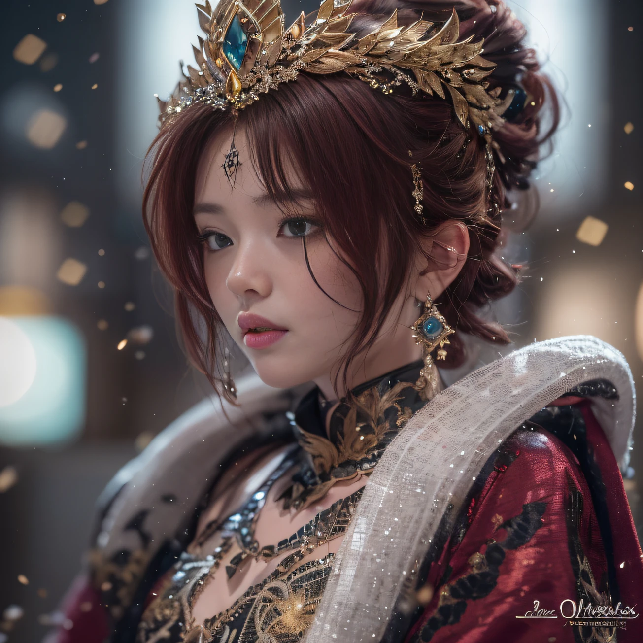 32K gradient glass texture(tmasterpiece,k hd,hyper HD,32K)Short burgundy hair with short flowing hair,Onsen District,Flame Girl ,Yao Lang protector (realisticlying:1.4),Python pattern robe,Black gold tiara,Snowflakes fluttering,The background is pure,Hold your head high,Be proud,The nostrils look at people, A high resolution, the detail, RAW photogr, Sharp Re, Nikon D850 Film Stock Photo by Jefferies Lee 4 Kodak Portra 400 Camera F1.6 shots, Rich colors, ultra-realistic vivid textures, Dramatic lighting, Unreal Engine Art Station Trend, cinestir 800,Hold your head high,Be proud,The nostrils look at people,Short burgundy hair