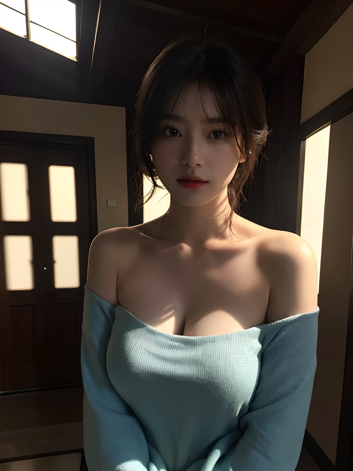 top-quality、masterpiece、超A high resolution、(Photorealsitic:1.5)、Raw foto、1girl in、off shoulders、murky、deep-shadows、Unobtrusive、cold light、Sexy appearance、shorth hair、Colossal tits、inside in room