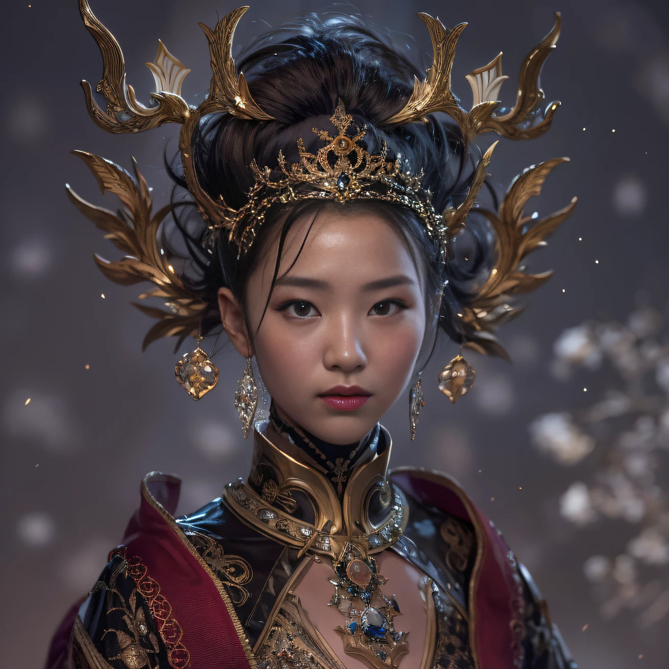 32K gradient glass texture(tmasterpiece,k hd,hyper HD,32K)Short burgundy hair with short flowing hair,Onsen District,Flame Girl ,Yao Lang protector (realisticlying:1.4),Python pattern robe,Black gold tiara,Snowflakes fluttering,The background is pure,Hold your head high,Be proud,The nostrils look at people, A high resolution, the detail, RAW photogr, Sharp Re, Nikon D850 Film Stock Photo by Jefferies Lee 4 Kodak Portra 400 Camera F1.6 shots, Rich colors, ultra-realistic vivid textures, Dramatic lighting, Unreal Engine Art Station Trend, cinestir 800,Hold your head high,Be proud,The nostrils look at people,Short burgundy hair
