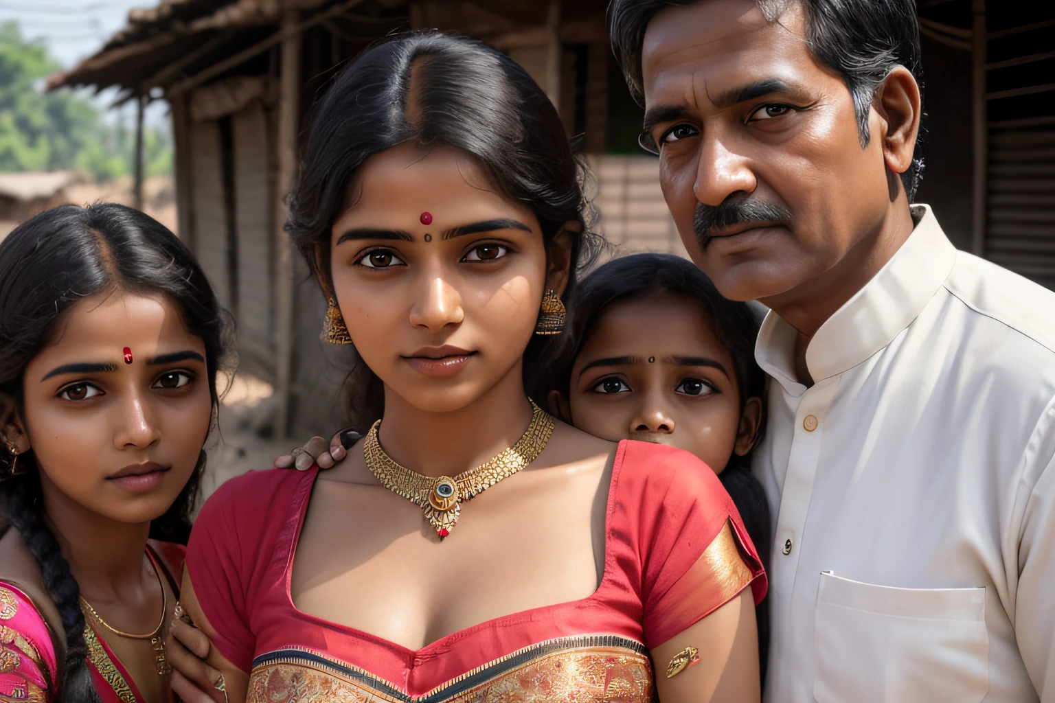 young Indian girl and her family photo  1 father , 1 mother, 1 brother , 1 sister, retro style, ugly dress, poor girl surrounded by people ,  gentle sun lighting on face , firm boobs,  wearing low waist saree,  wide background,  full body photo, village , Ugly Slum, , village girl vibe, intricate facial details, full body picture,pose flawless complexion, top-notch 3D rendering, hyper-realistic, shot on Indian road. photorealistic digital art trending on Artstation 8k HD high definition detailed realistic, detailed, skin texture, hyper detailed, realistic skin high resolution, detailed, raw photo, 400 camera f1.6 lens rich colors hyper realistic lifelike texture