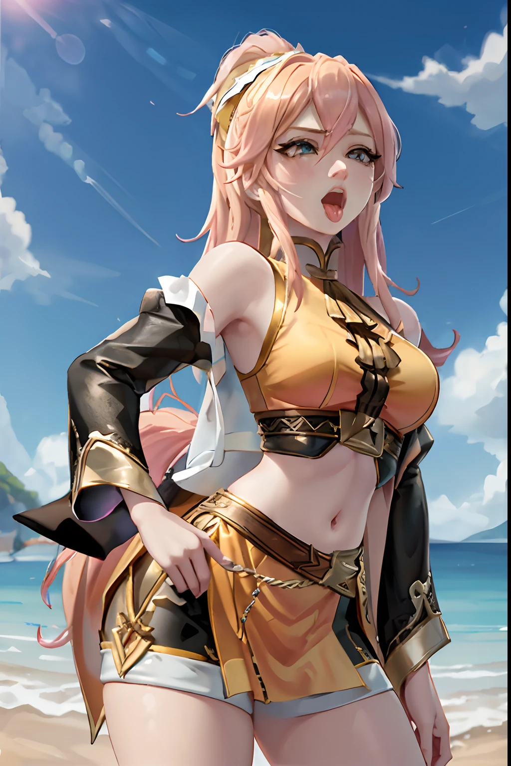 score_9, score_8_up, source_anime,  BREAK solo, 1girl, looking at viewer, cowboy shot,
<lora:TaoqiiiPdxlDwnsty-000009:0.9>, Taoqiii, purple eyes, pink hair, hair over one eye, short hair with long locks, ahoge, hair ornament, tassel, elbow gloves, black gloves, jewelry, pouch, black pantyhose, thigh strap, belt, white dress, heart hands, heart fingers, <lora:Heart_Fingers__Concept_Lora-000007:1>,
large breasts, smile, lips, blush, cleavage, hands up, excited, open mouth,
nature, ocean, grass, blue sky, sunlight, wind, dutch angle, standing on one leg, leg up,