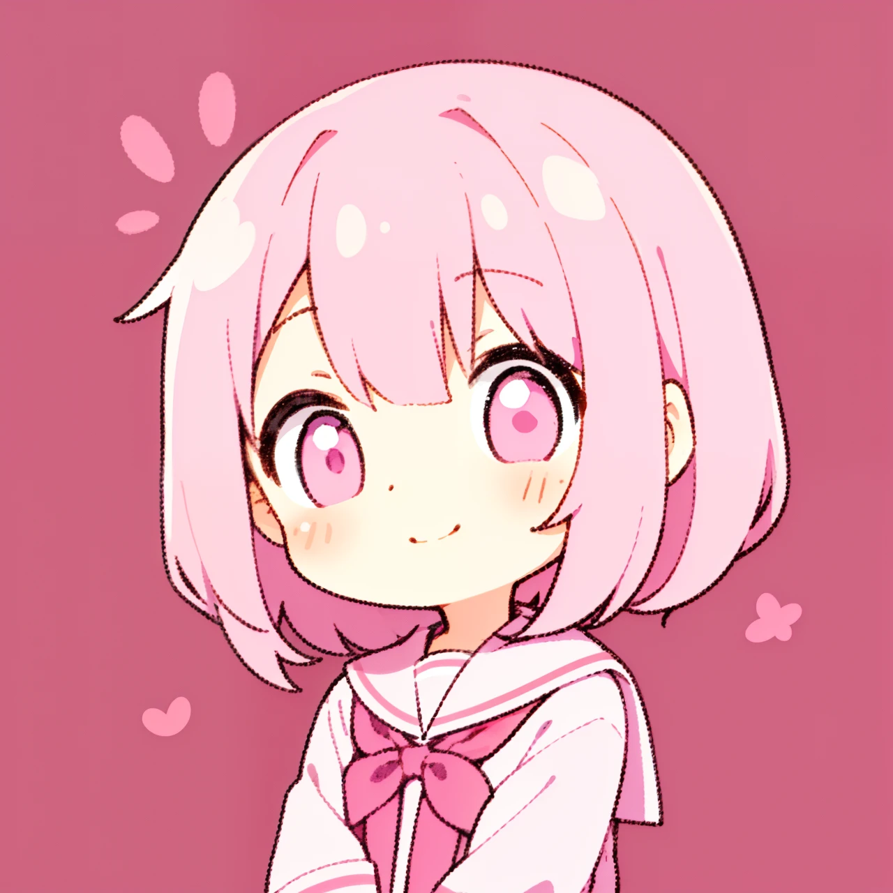 cute little,Lori,1人,girl with,Pink hair,bobhair,Pink eyes,a sailor suit,Background Pink,Smile in full bloom,
