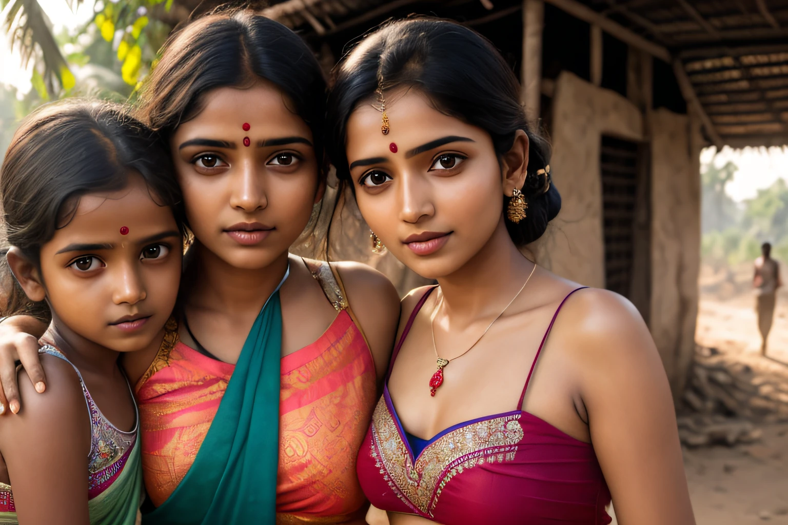 young Indian girl and her family photo 1 father , 1 mother, 1 brother , 1 sister, retro style, ugly dress, poor girl surrounded by people , gentle sun lighting on face , firm boobs, wearing low waist saree, wide background, full body photo, village , Ugly Slum, , village girl vibe, intricate facial details, full body picture,pose flawless complexion, top-notch 3D rendering, hyper-realistic, shot on Indian road. photorealistic digital art trending on Artstation 8k HD high definition detailed realistic, detailed, skin texture, hyper detailed, realistic skin high resolution, detailed, raw photo, 400 camera f1.6 lens rich colors hyper realistic lifelike texture