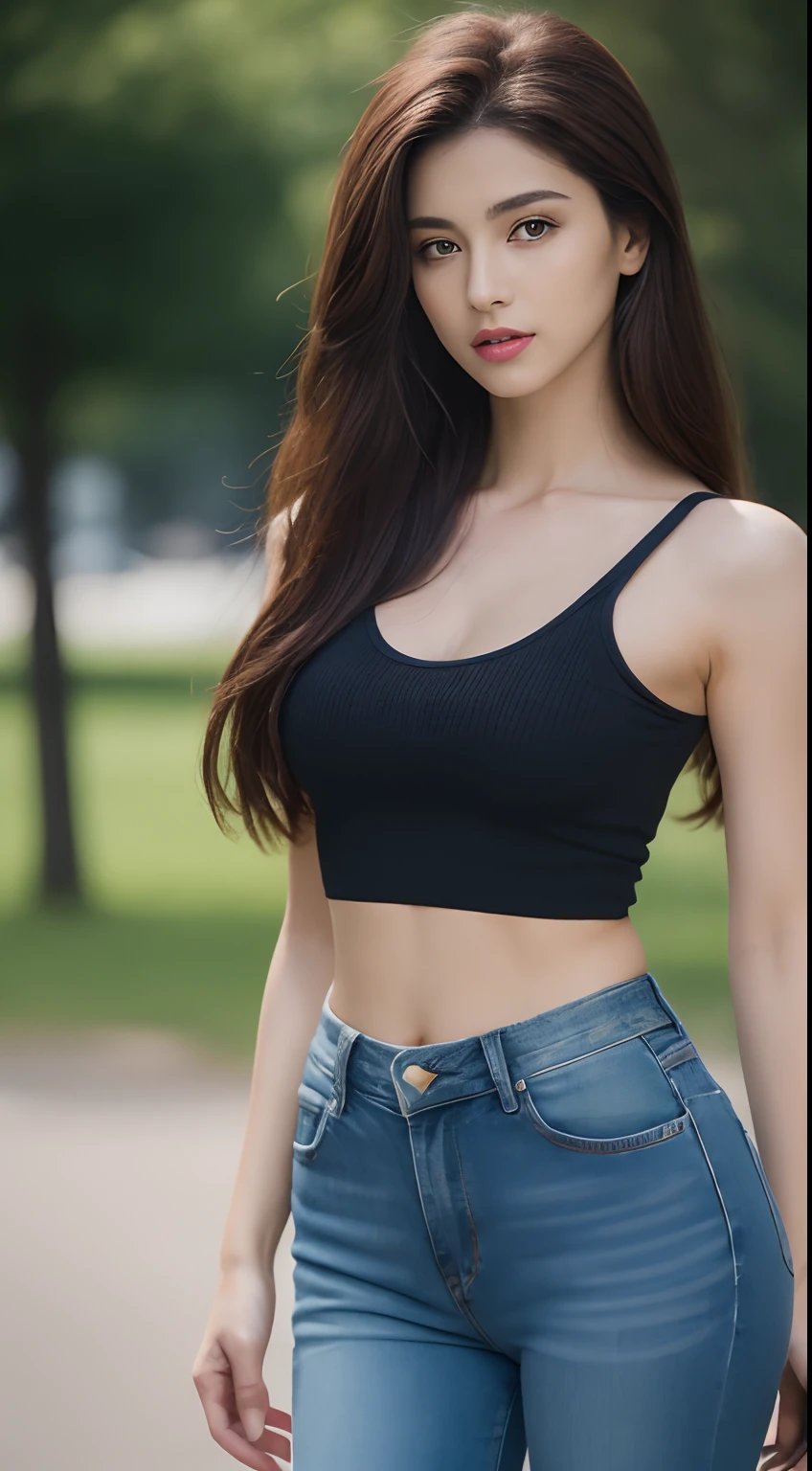 ((Realistic lighting, best qualtiy, 8k, tmasterpiece:1.3)), sharp fokus:1.2, 1girl, Beautiful Women with Perfect Figure:1.4, Slim abs:1.1, ((dark brown hair)), (White crop top:1.4),(exteriors,during night:1.1),Park view,Ultra-fine face,Fine eyes,二重まぶた,(in the early morning,rays of sunshine,long whitr hair,short skirt,vests)