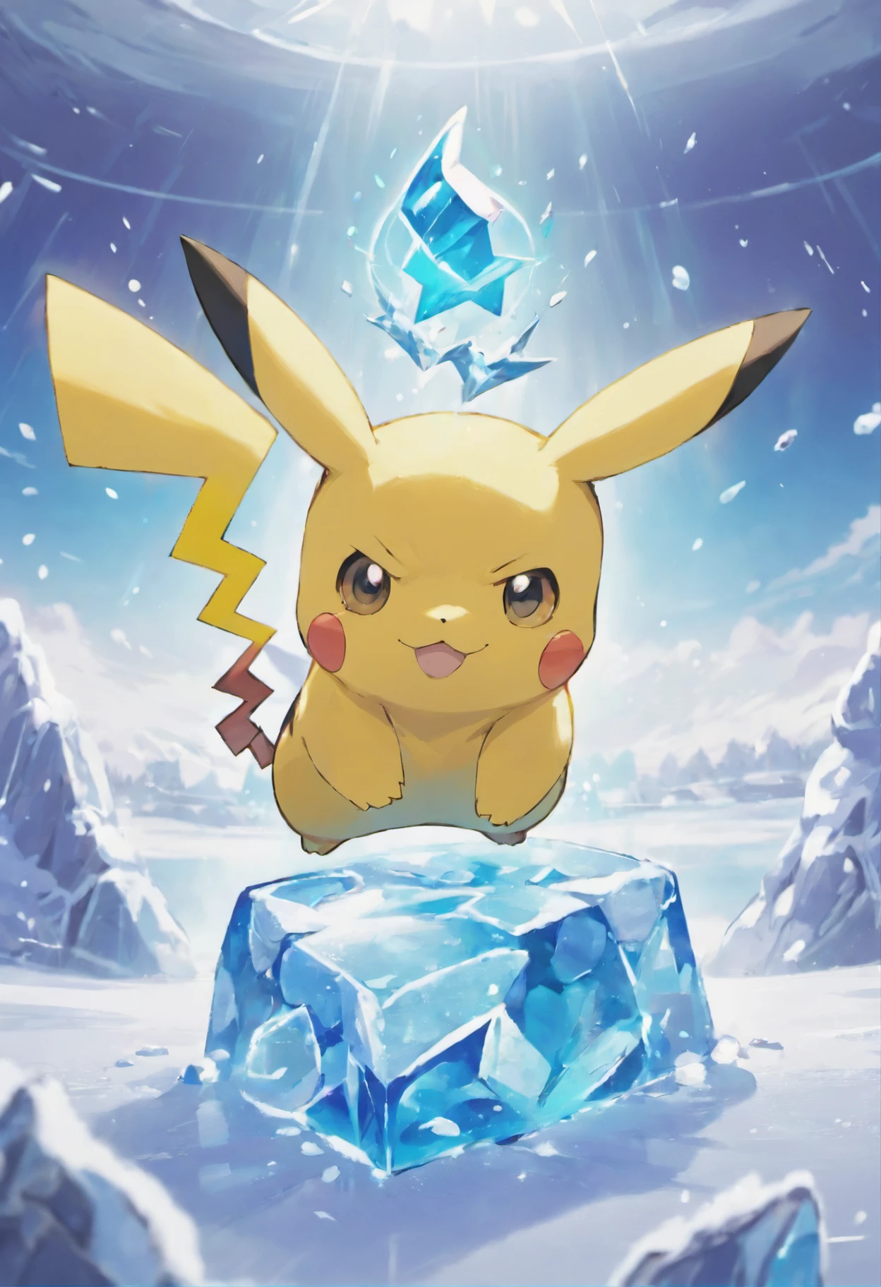 pikachu, wearing thunderbolt, ice battle arena scenery, anime style, 4k, ultra detailed, expansive view, artwork