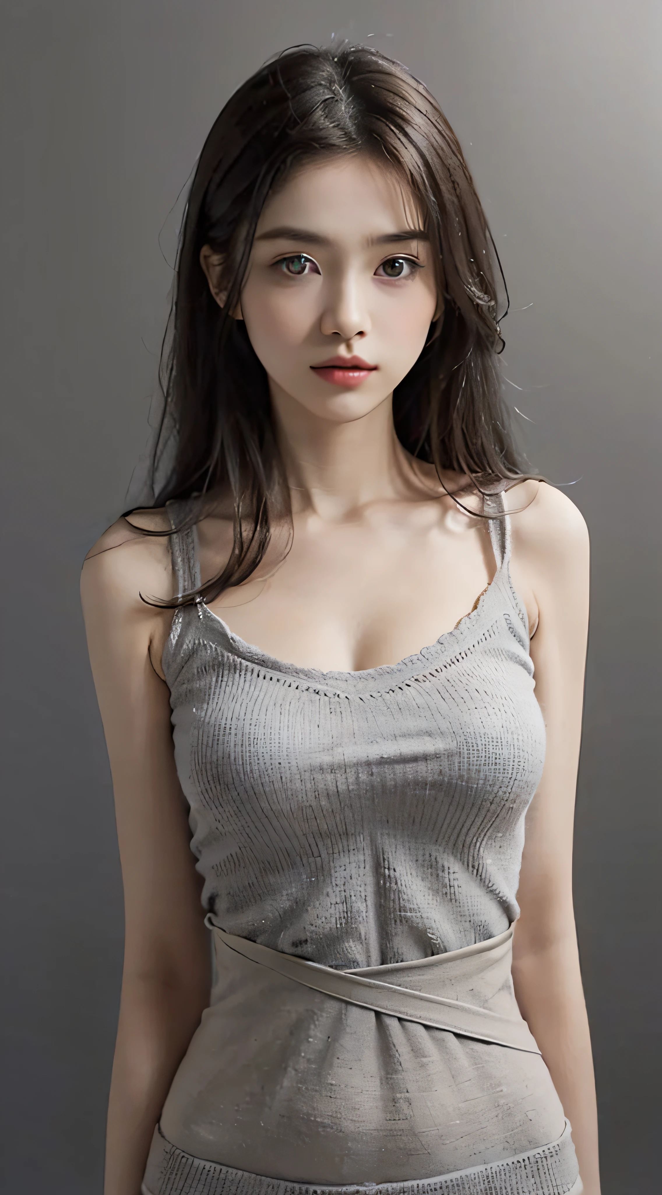 masterpiece、best qualtiy、(Light photograph: 1.3)、Photorealsitic, 1 girl in、(Long Hair, Brown:1.7)、(Stunning innocent symmetrical face, Beautiful fece:1.5)、(Beautiful eyes Detail:1.5), emotional、(Sleeveless Knit, Beige:1.5), (Large breasts, neat shape breasts:1.9), (slender:1.7), (pureerosface_v1:0.7), (thin waist, Thin arms, thin neck, thin shoulders:1.6), (Sloping shoulders:1.7), (Simple gradation Background, Gray:1.5)