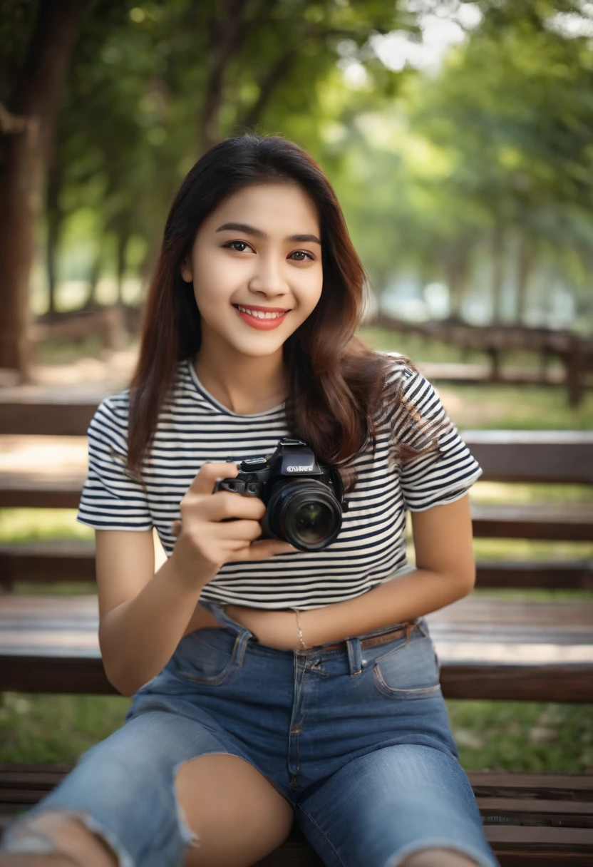 smiling woman in striped shirt taking selfie with camera in park, nivanh chanthara, selfie photo, she is about 14 years old, very slightly smiling, a picture, slight cute smile, with a beautifull smile, selfie, selfie shot straight on angle, photo of the girl, picture, 1 6 years old, 14 years old, mid sized boobs, thighs