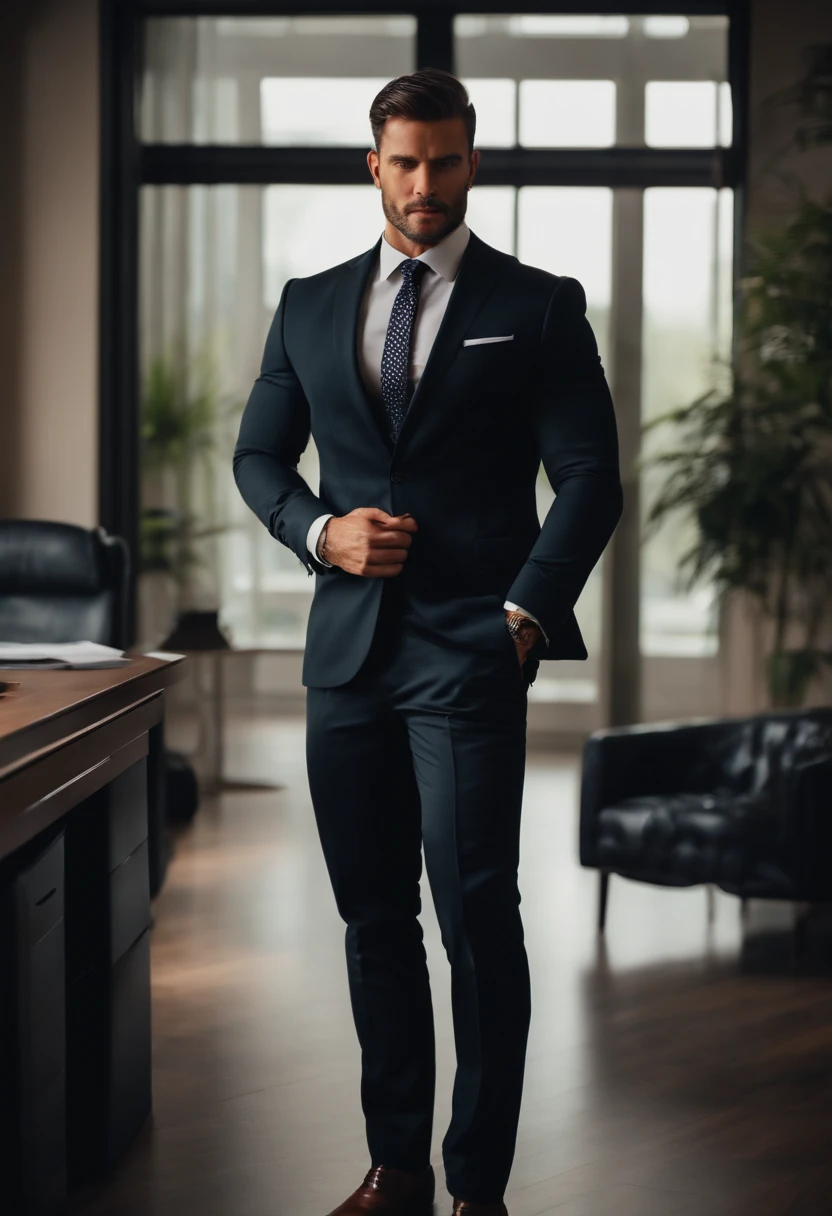 Photography 4K , a Male Man Masculine Standing in his office Flexing in his Black Suit