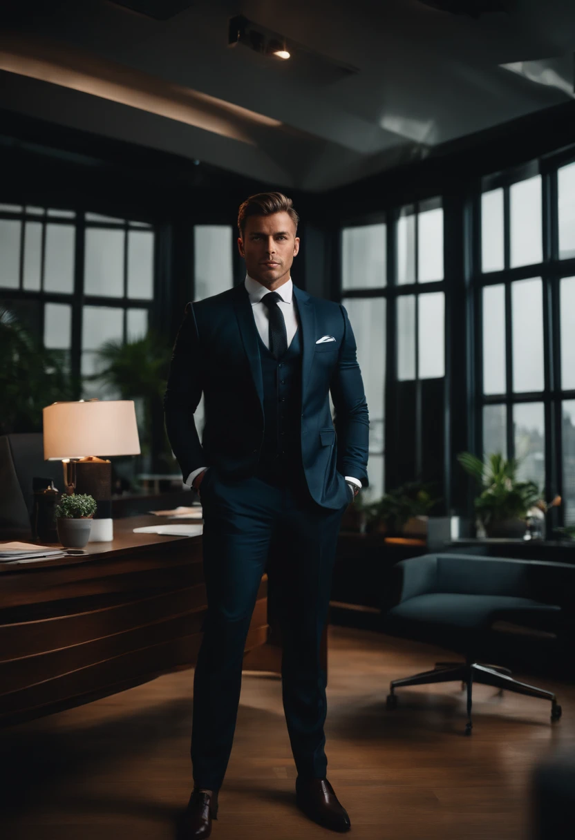 Photography 4K , a Male Man Masculine Standing in his office Flexing in his Black Suit