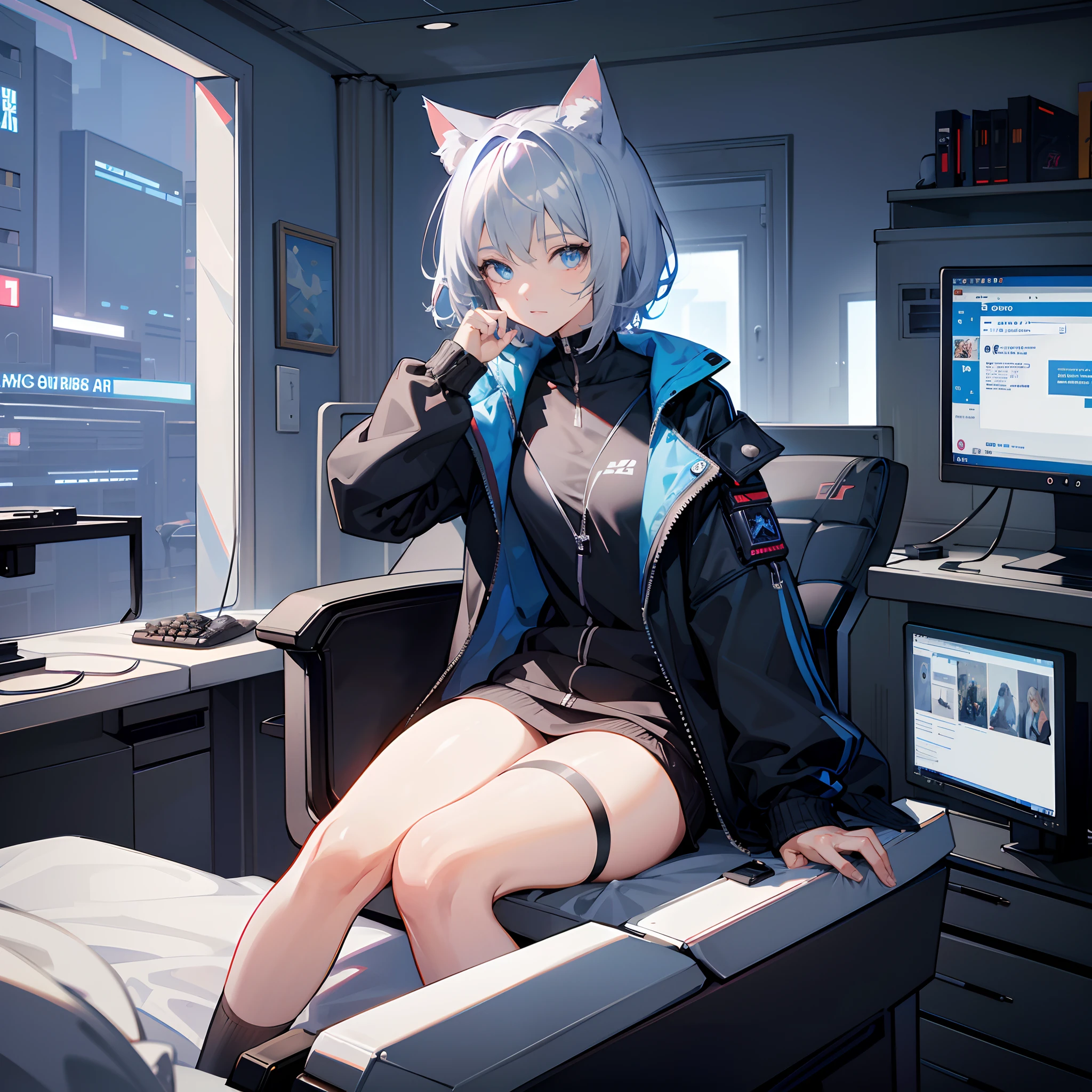 1girl, short gray hair, blue eyes, cat ears,wearing sci-fi clothes,sit on gaming bedroom, absurdres, high res, ultrasharp, 8K, masterpiece, looking at viewer