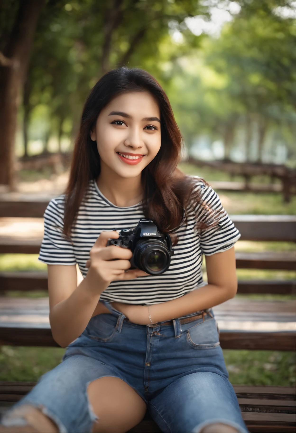 smiling woman in striped shirt taking selfie with camera in park, nivanh chanthara, selfie photo, she is about , very slightly smiling, a picture, slight cute smile, with a beautifull smile, selfie, selfie shot straight on angle, photo of the girl, picture, 1 6 years old, 1ld, mid sizighs