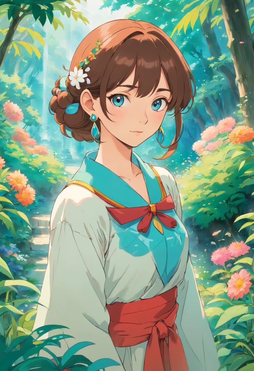 Girl in an anime collar, Long necklaces and earrings, In the style of a tranquil garden landscape, colorful animation stills, Masami Teraoka, aquamarine, paul gauguin, Embry style, Honest portrayal,economize