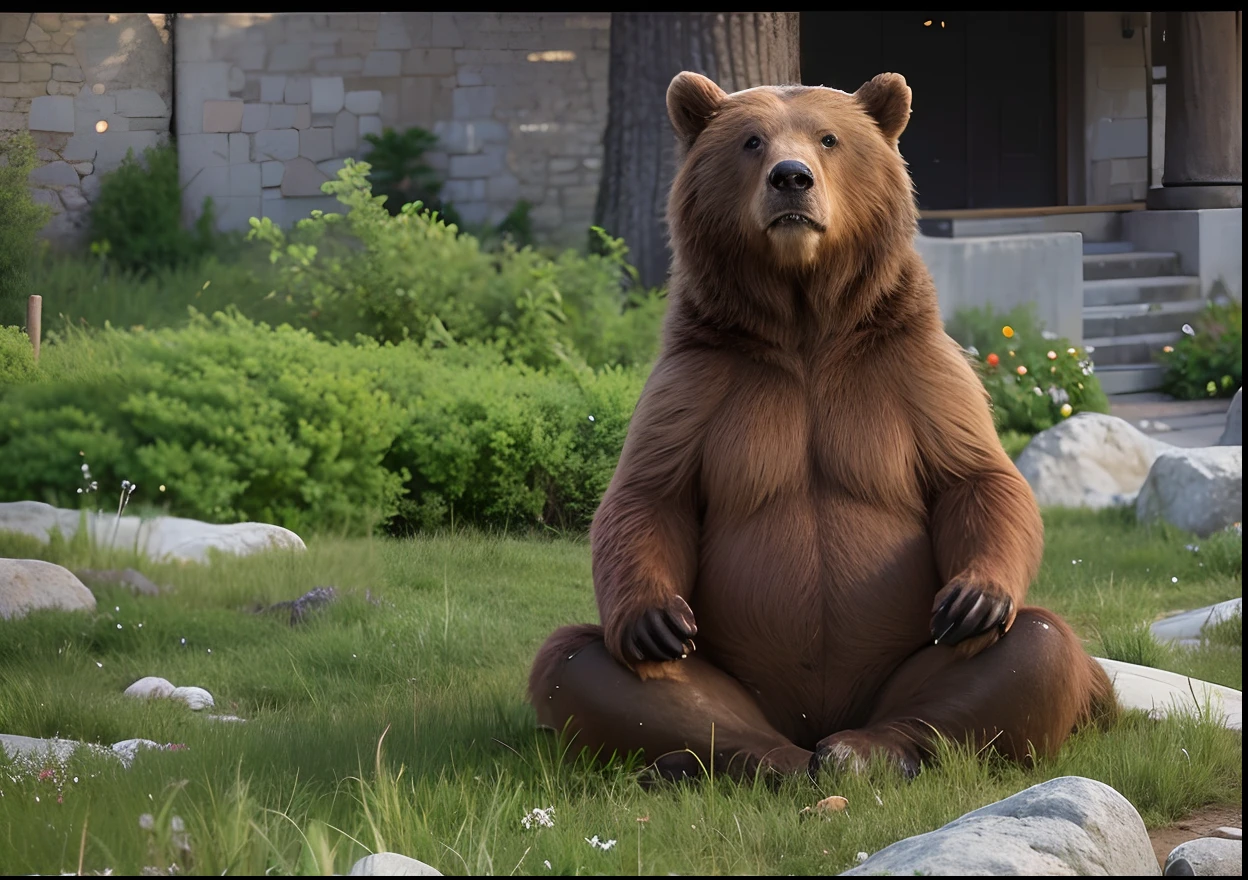 there is a brown bear sitting on its back in the grass, giant bear human hybrid, grizzly, half grizzly bear, bear legs, stoic pose, doing a majestic pose, sitting cross-legged, brown bear, doing a hot majestic pose, sitting down casually, bear, grizzly bear riding a horse, symmetrical pose, happy wise. he has bouncy belly, bears