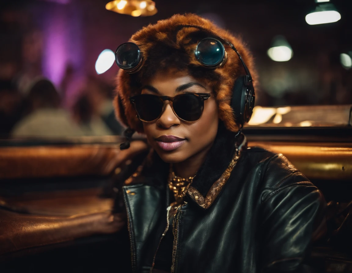 Panorama，nightclub，Anthropomorphic, puppy, DJ，turntable, neon，rock elements, 80s style，colored glasses, big gold necklace, punk leather jacket,