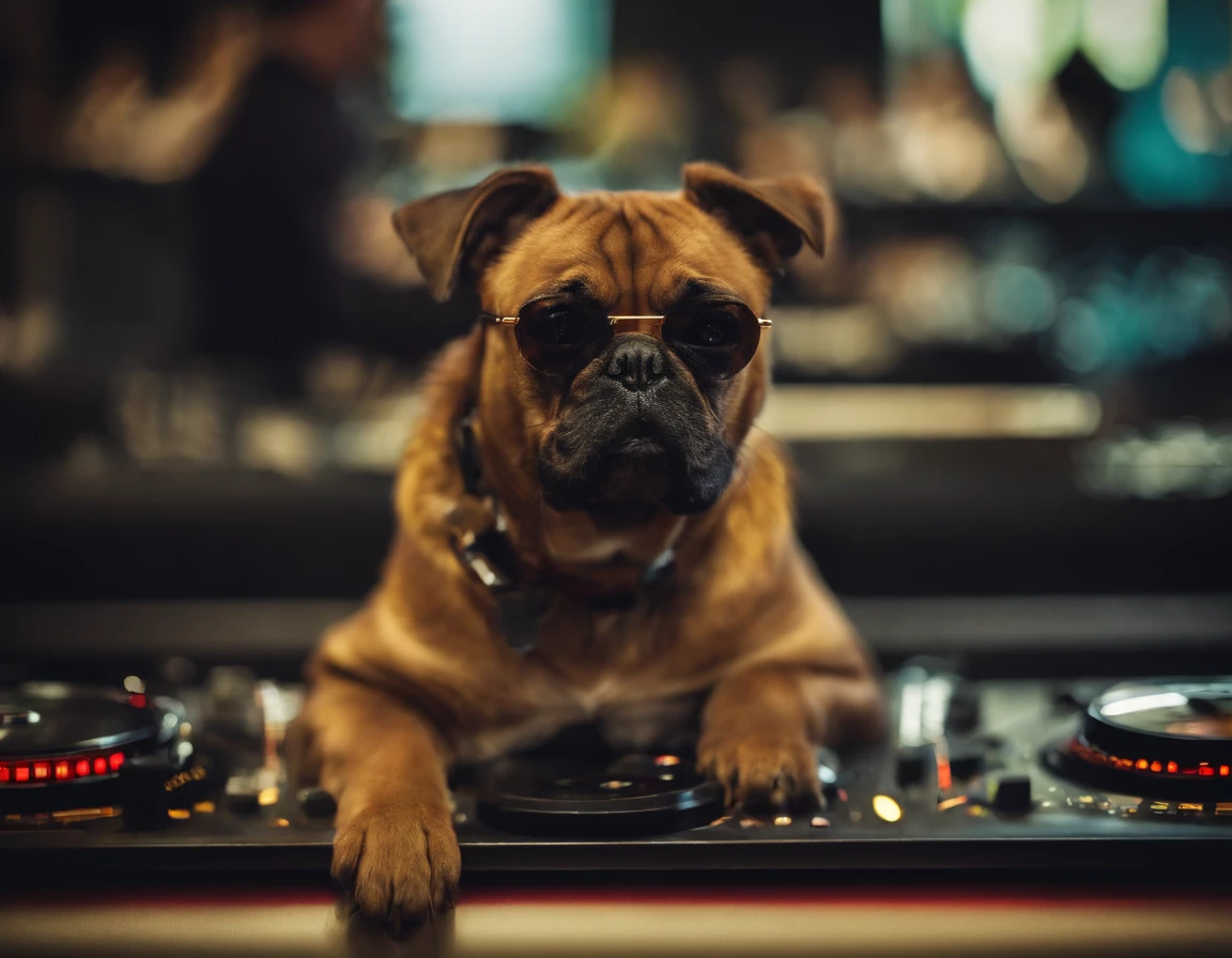 Panorama，nightclub，Anthropomorphic, puppy, DJ，turntable, neon，rock elements, 80s style，colored glasses, big gold necklace, punk leather jacket,