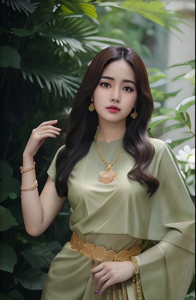 Thai Women In a green dress, pose for a photo., In the form of Lammani, dilraba dilmurat, nivanh chanthara, Go to DAI, inspired by Huang Ji, dang my linh, Southeast Asia vs. Long, Mai Anh Tran, young beautiful woman, Very beautiful Elven Top Model, Gold & Green